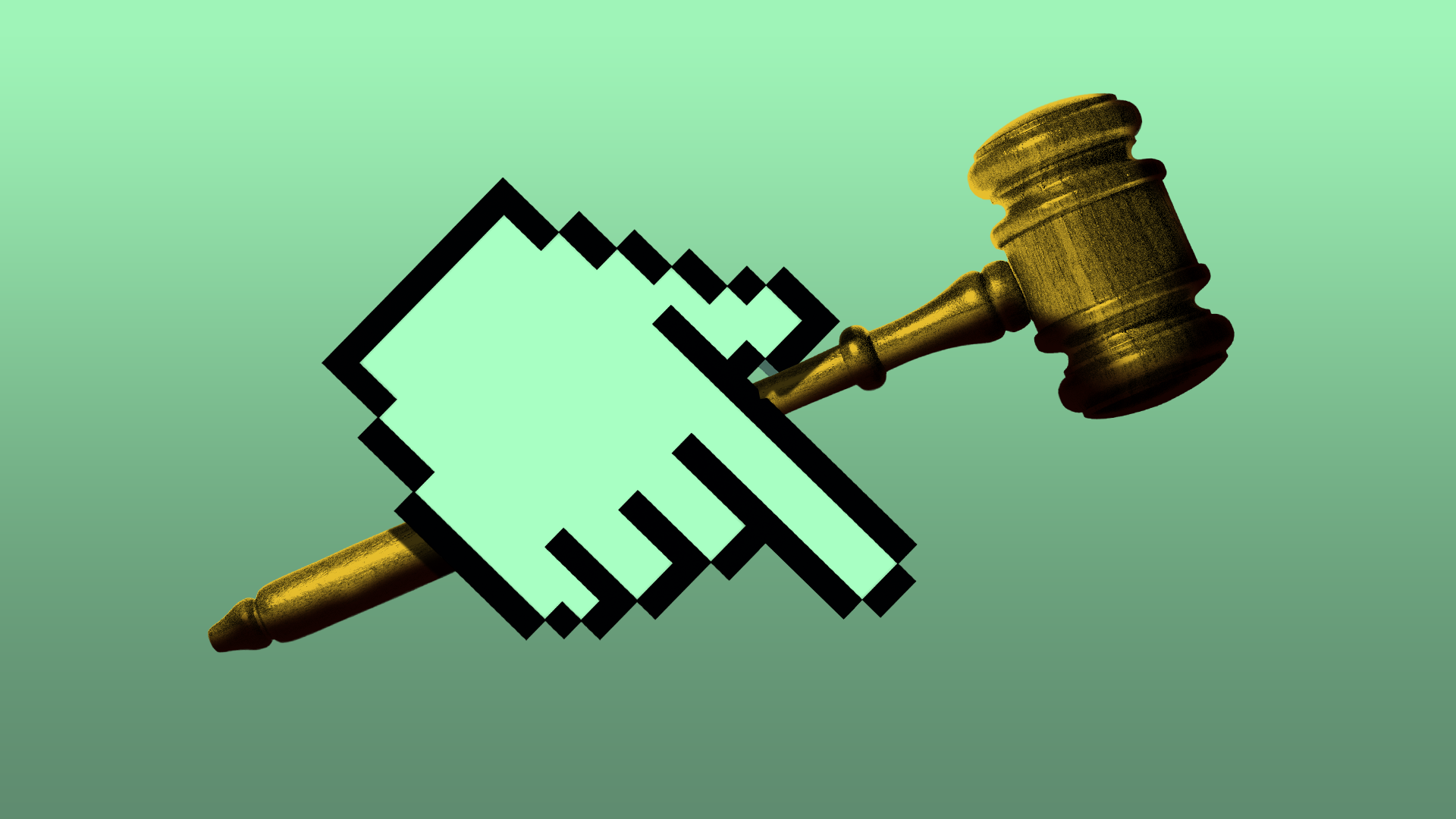 Mint-green pixelated hand cursor overlapping a golden gavel, set against a green gradient background.
