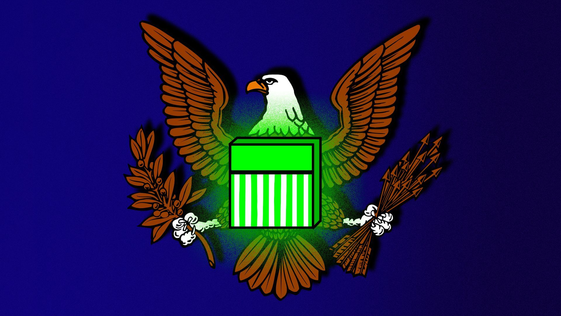 Illustration of the SEC logo's eagle with the central banner replaced by a glowing green cube