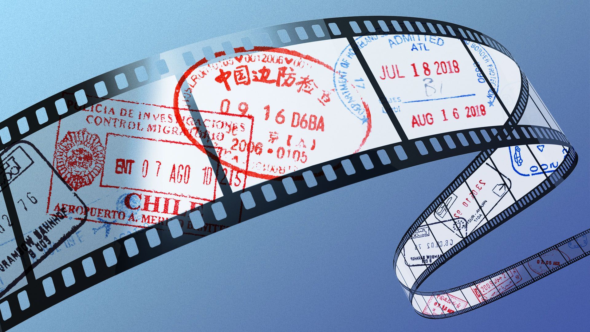 Illustration of a film reel covered in passport stamps