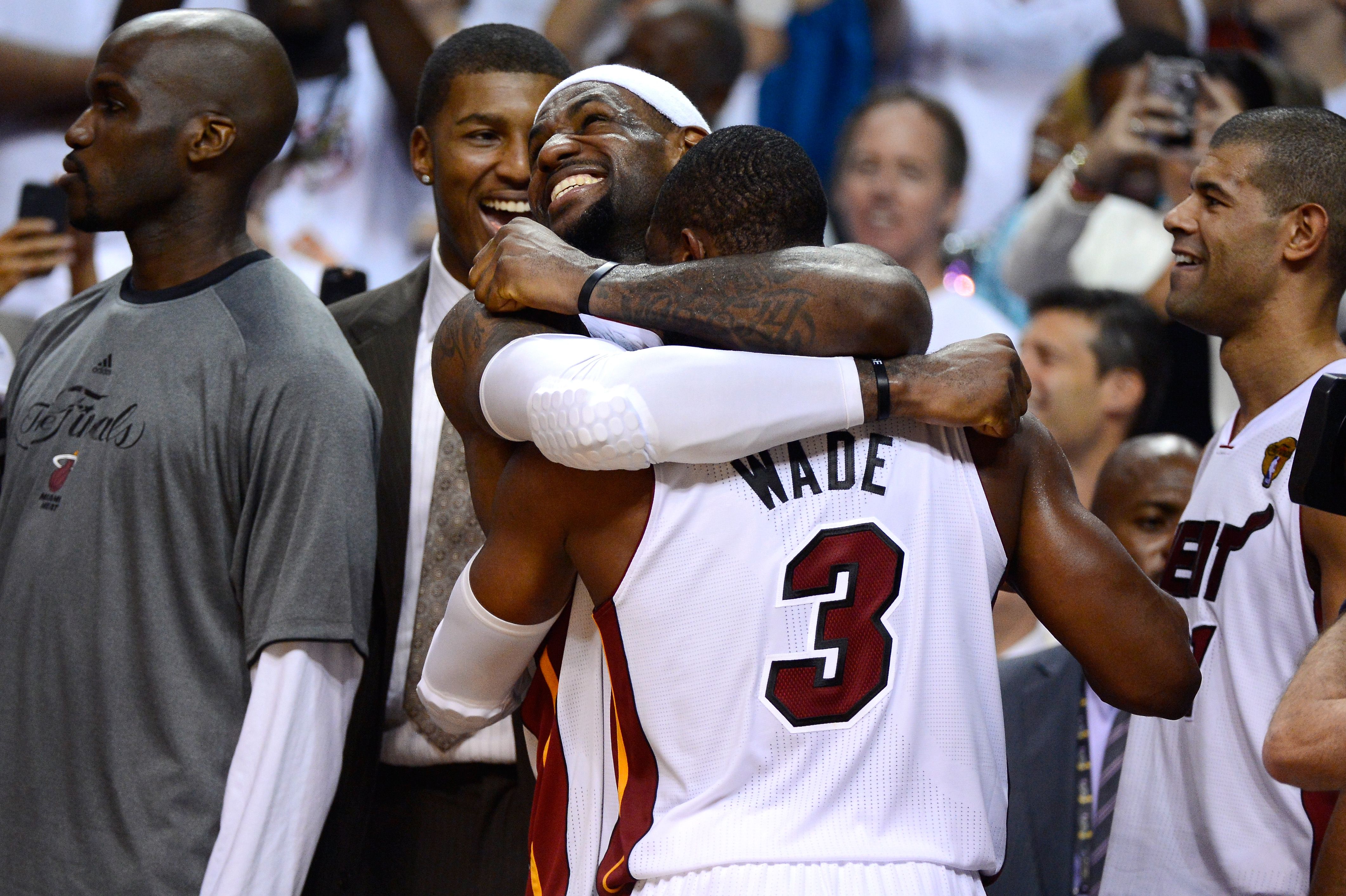 MIAMI, FL - JUNE 21: (L-R) LeBron James #6 and Dwyane Wade #3 of the Miami Heat celebrate late in the fourth quarter against the Oklahoma City Thunder in Game Five of the 2012 NBA Finals on June 21, 2012 at American Airlines Arena in Miami, Florida. NOTE TO USER: User expressly acknowledges and agre