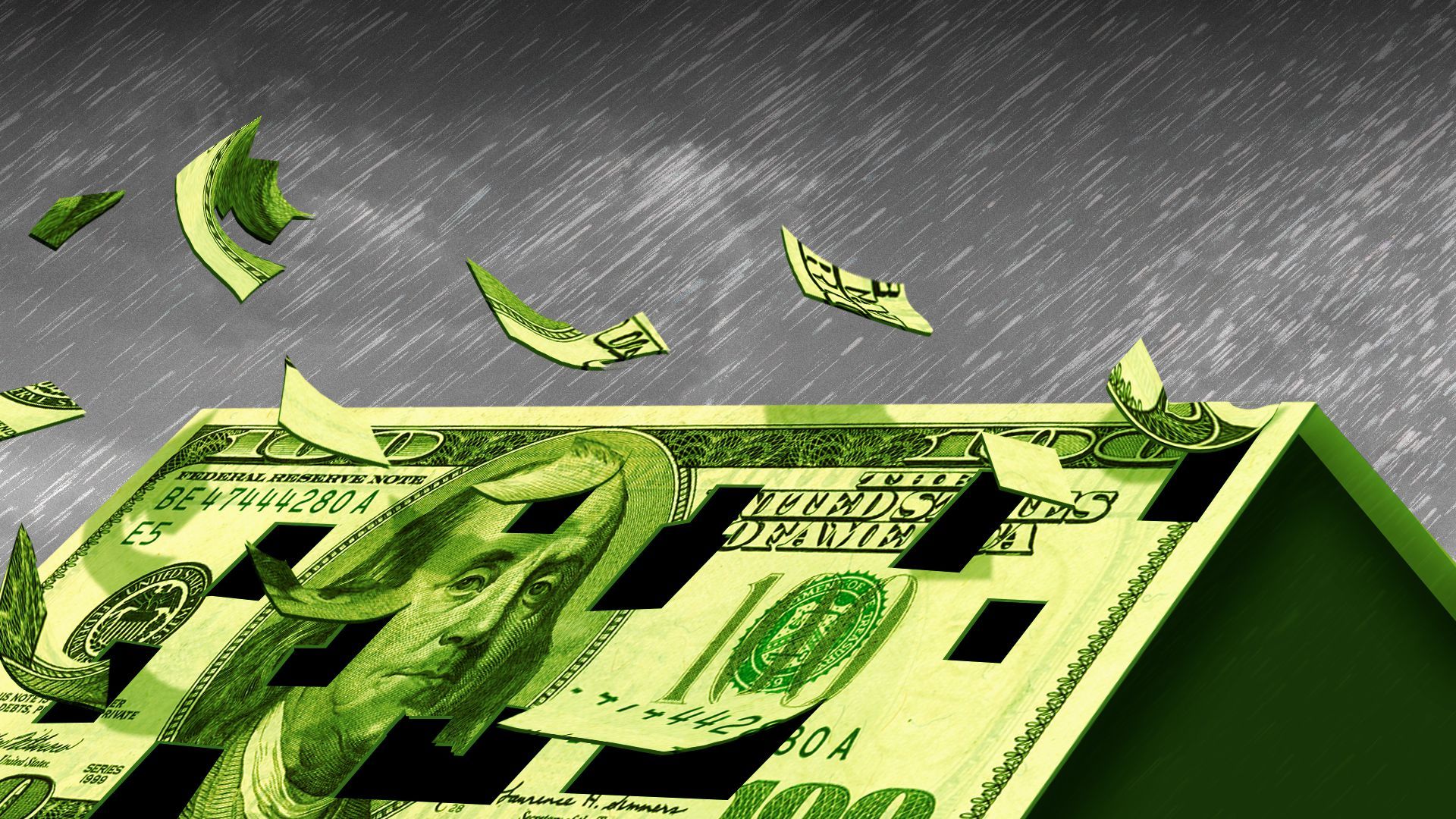 Illustration of a storm destroying a roof made from a one hundred dollar bill