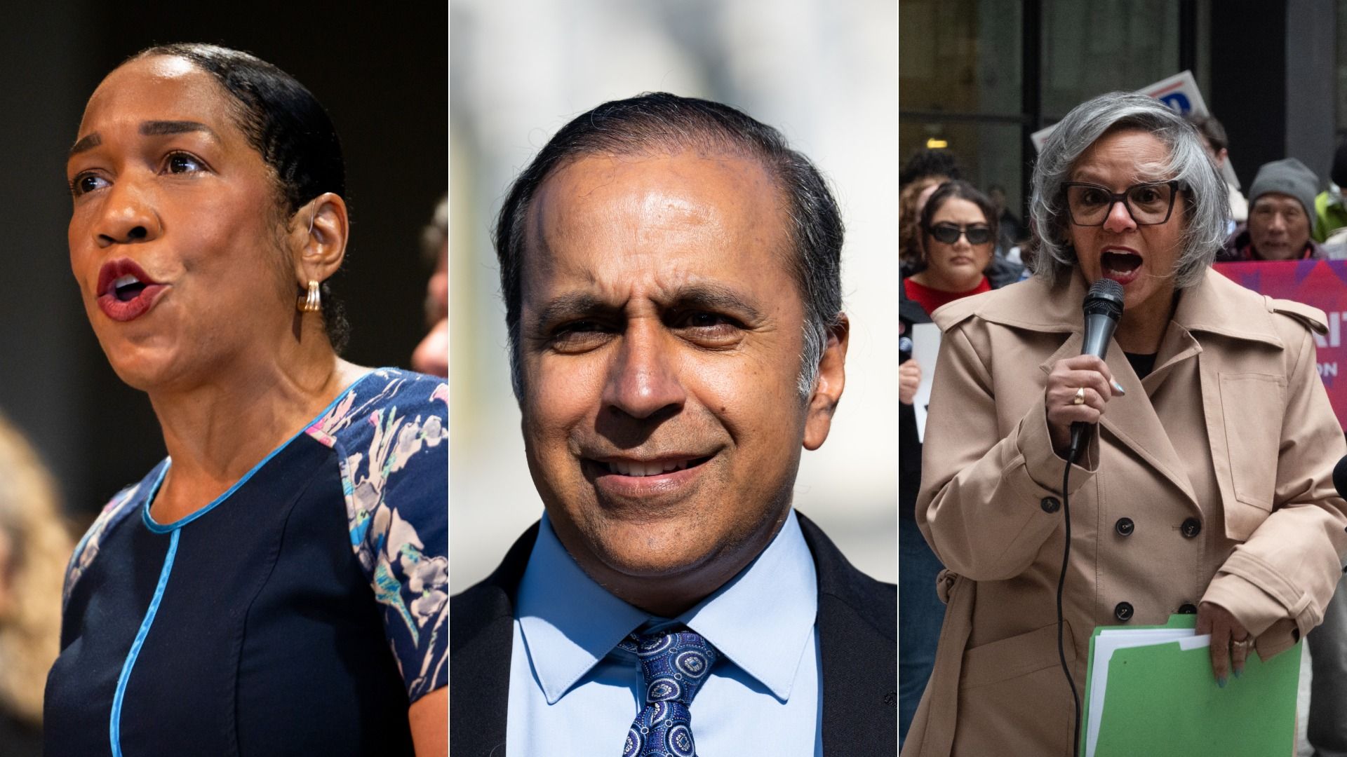 A collage of three images showing diverse speakers: a woman in a navy dress speaking passionately, a man in a suit and patterned tie smiling, and a woman in a beige coat with gray hair holding a microphone at a protest.
