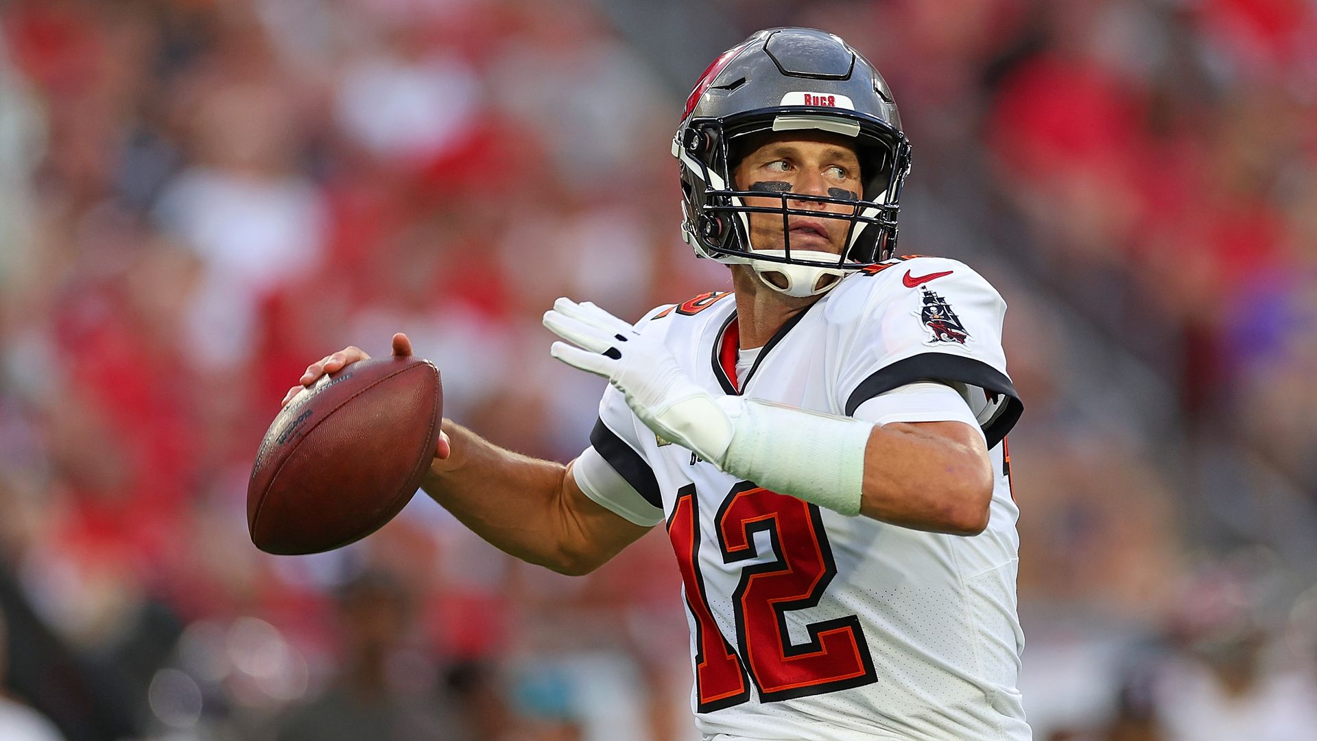 Tom Brady #12 of the Buccaneers passes the ball in the game against the ams on November 06, 2022 in Tampa, Florida.