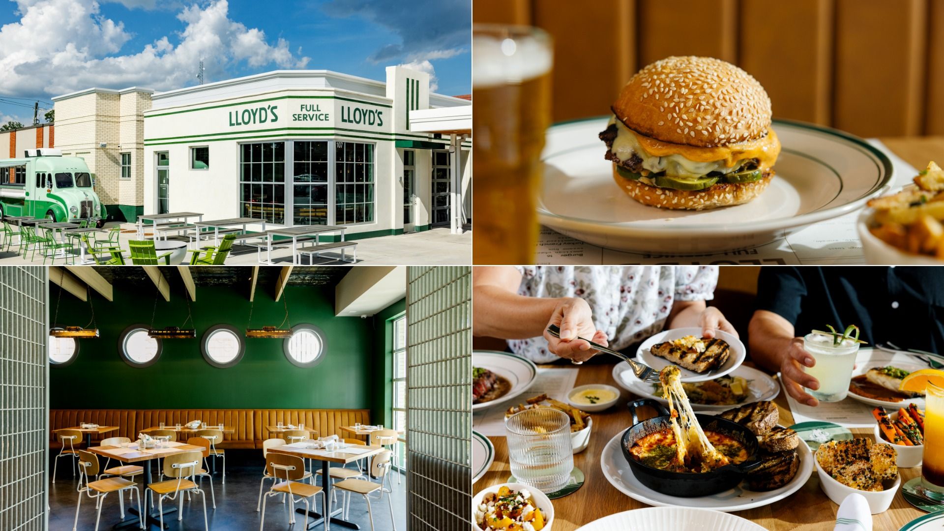 Four-panel collage: top-left Lloyd's full-service gas station with a green truck; top-right sesame-seed bun cheeseburger; bottom-left green-walled modern restaurant interior; bottom-right diners with assorted dishes.
