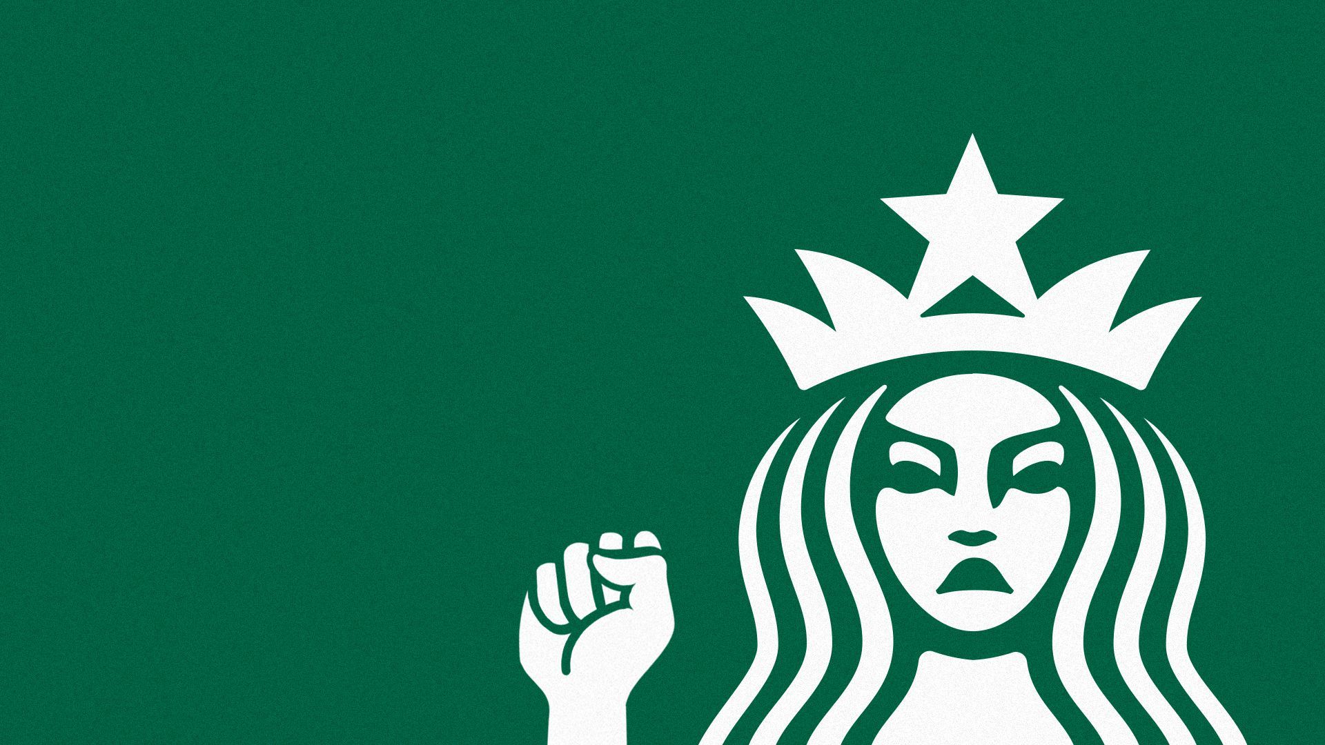 Illustration of the Starbucks siren holding up a fist.