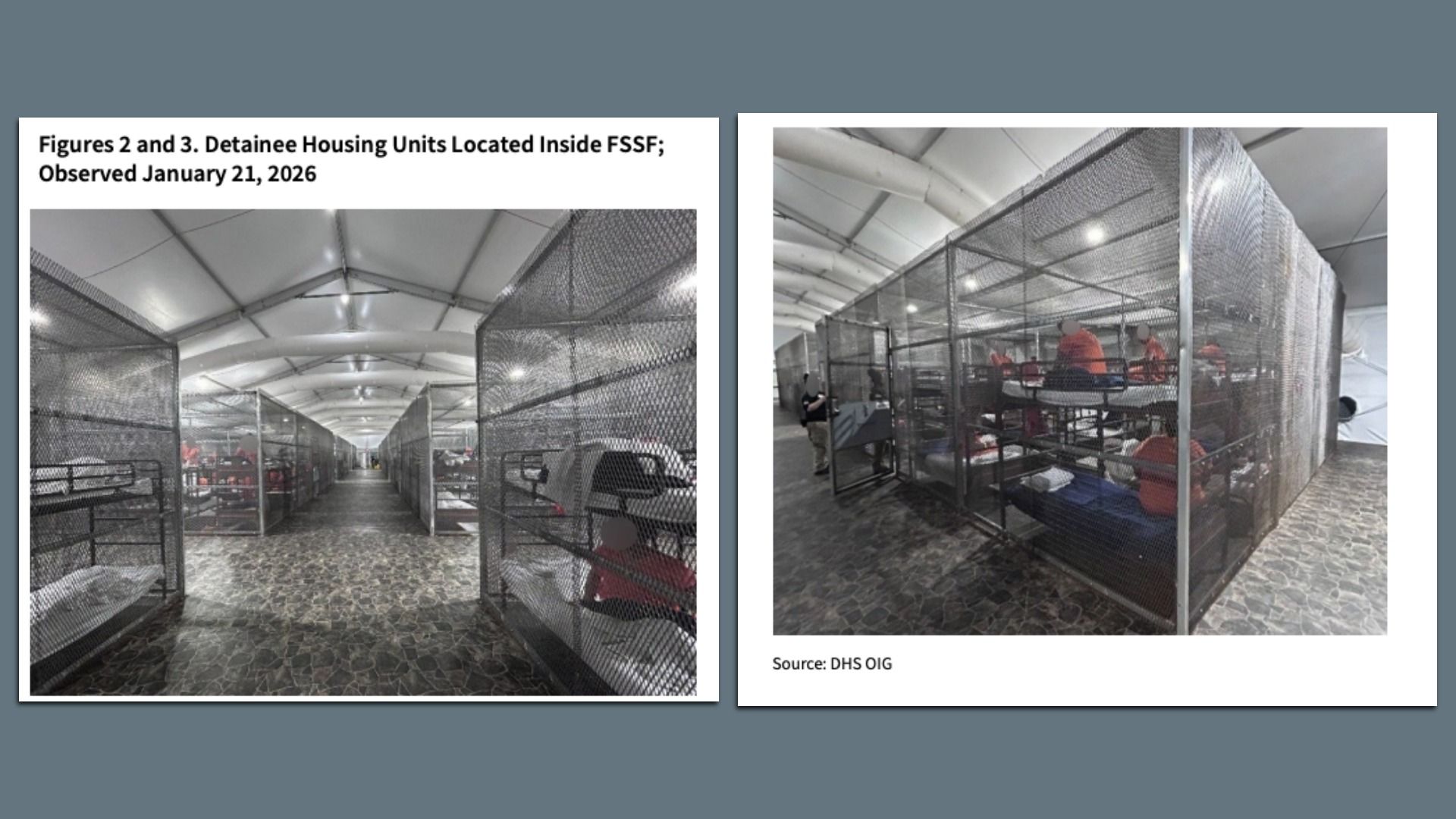 Two photos of detainee housing units inside a large tent. Long rows of chain-link cages on a tiled floor with bright overhead lights; people in orange jumpsuits sit inside cages.