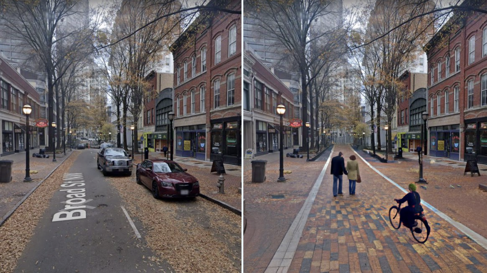 Two images of Broad Street in Atlanta. One from Google Maps and another made with AI showing no cars and the street transformed into a pedestrian walkway