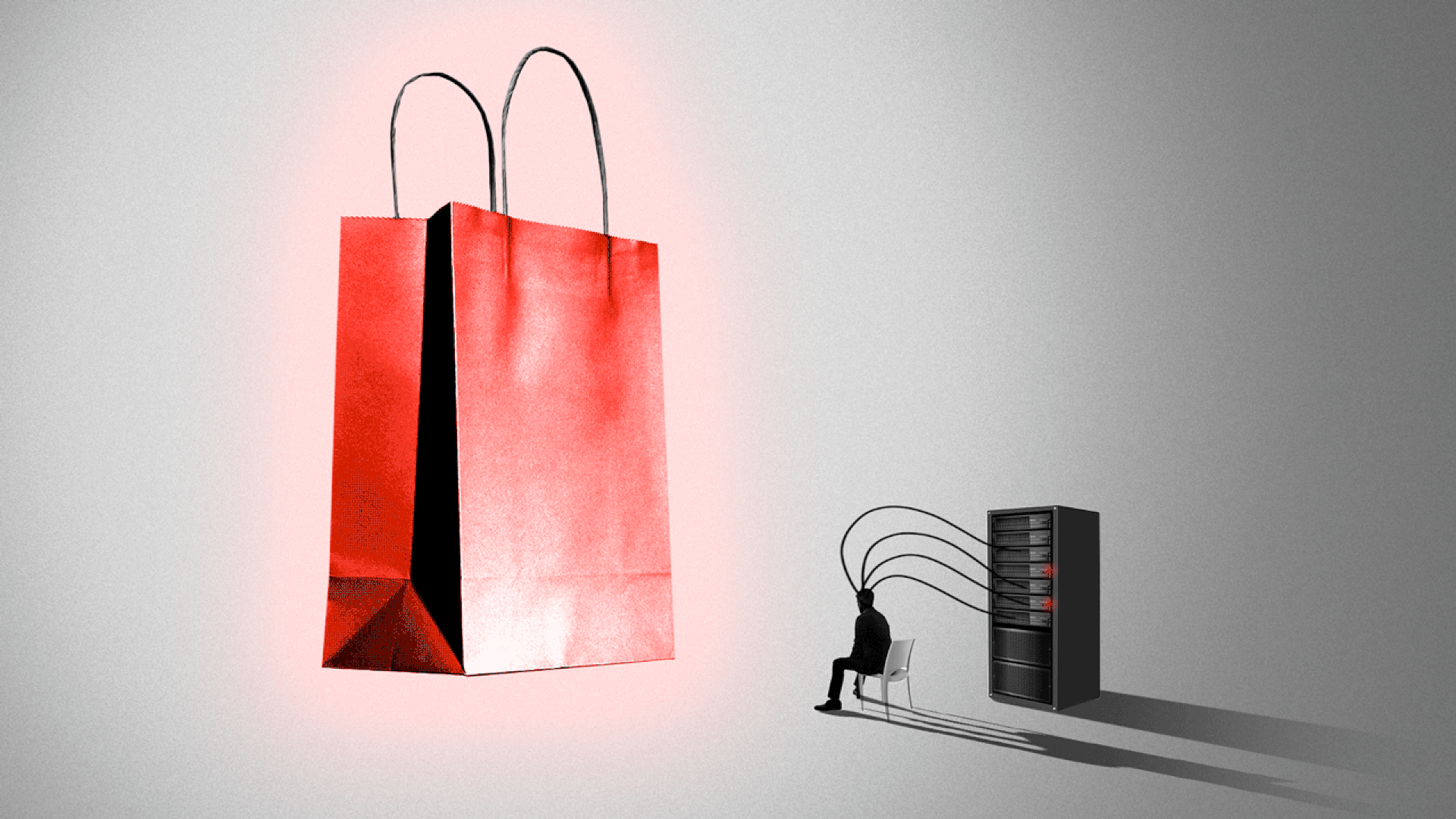 Animated illustration of a person hooked up as if for an EEG, in front of a giant glowing shopping bag.