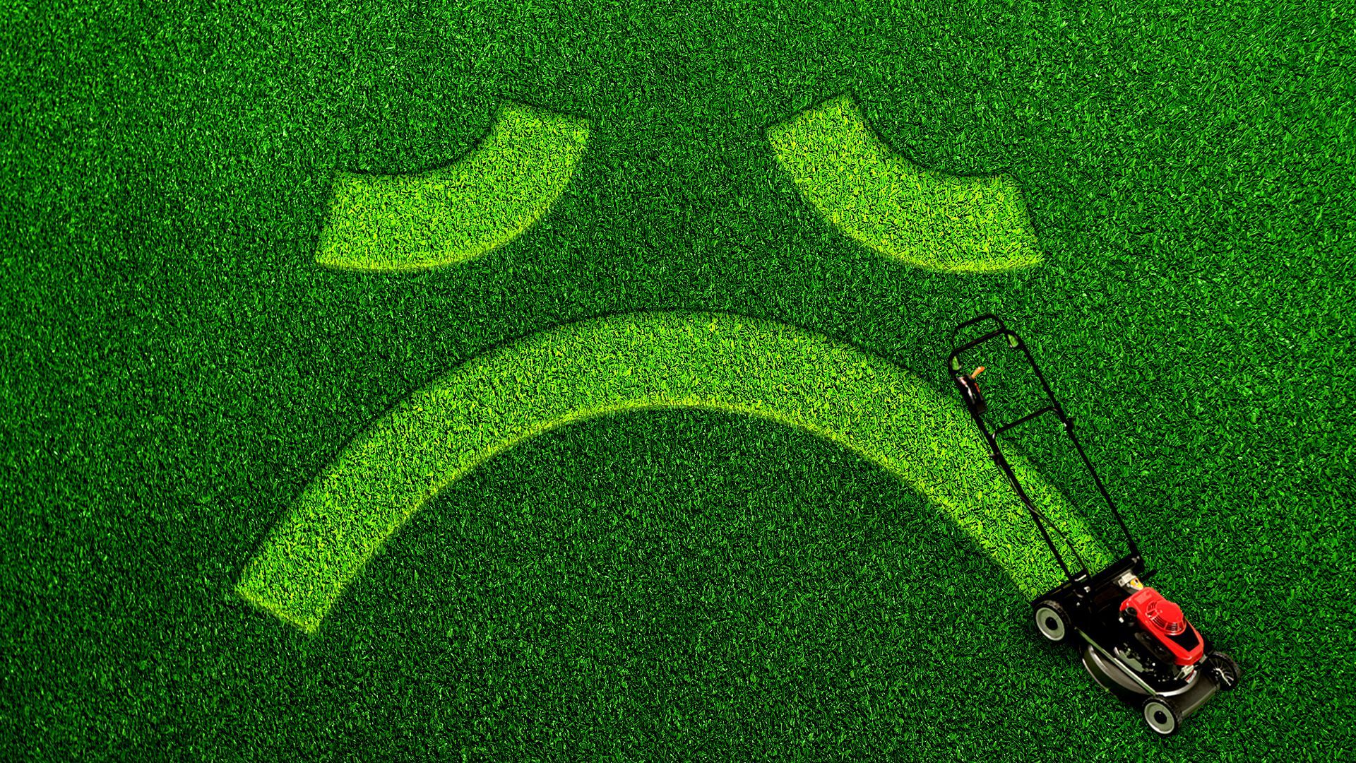 Illustration of a lawn mower next to cut grass forming the shape of a sad face