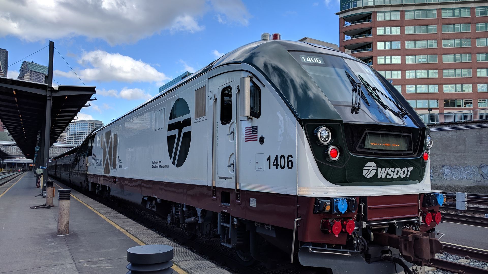 An Amtrak Cascades train at King Street Station in Seattle. 