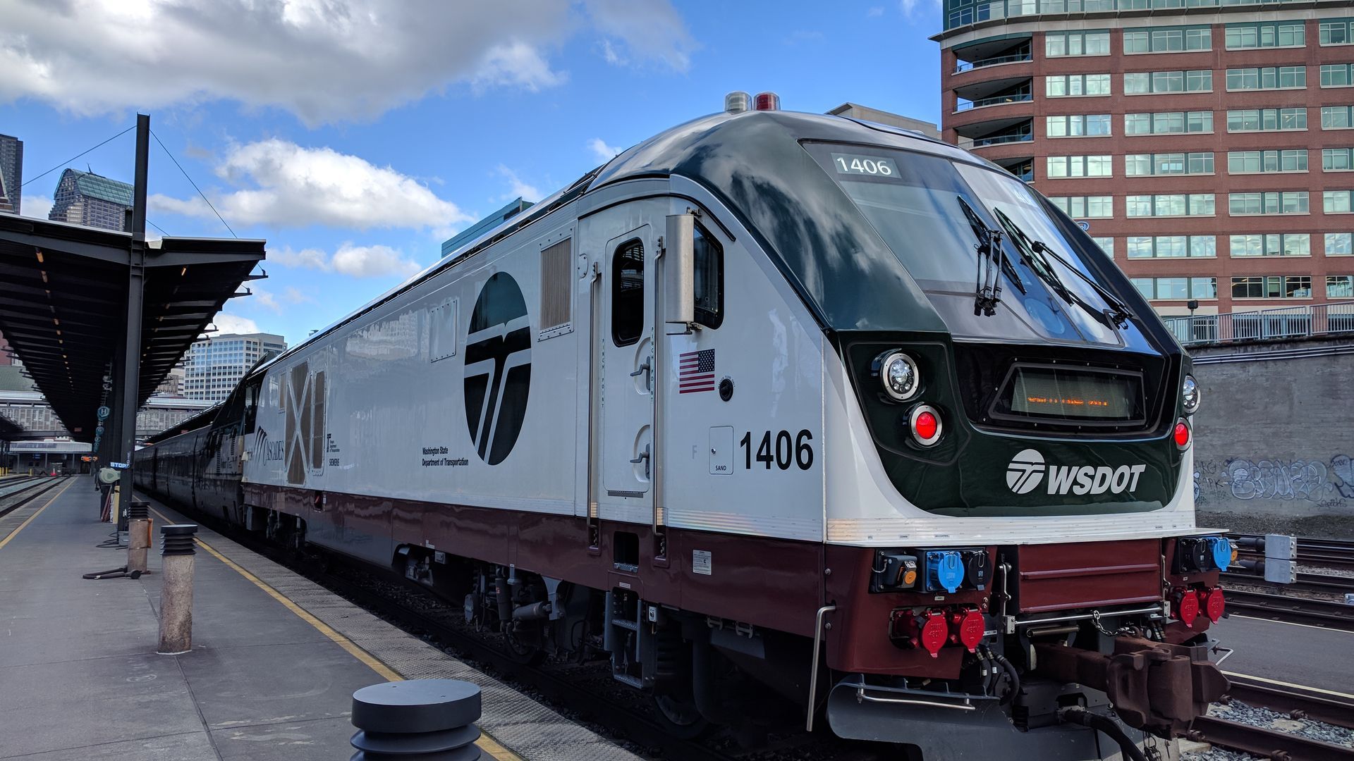 An Amtrak Cascades train at King Street Station in Seattle.