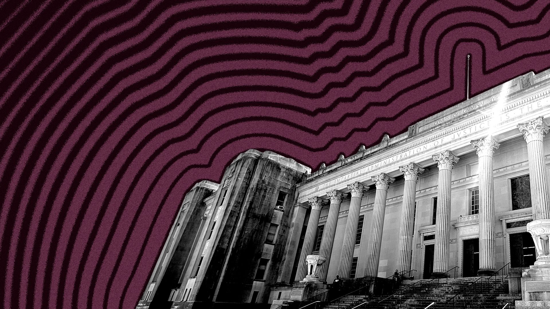 Photo illustration of Orleans Parish Criminal District Court with lines radiating from it.