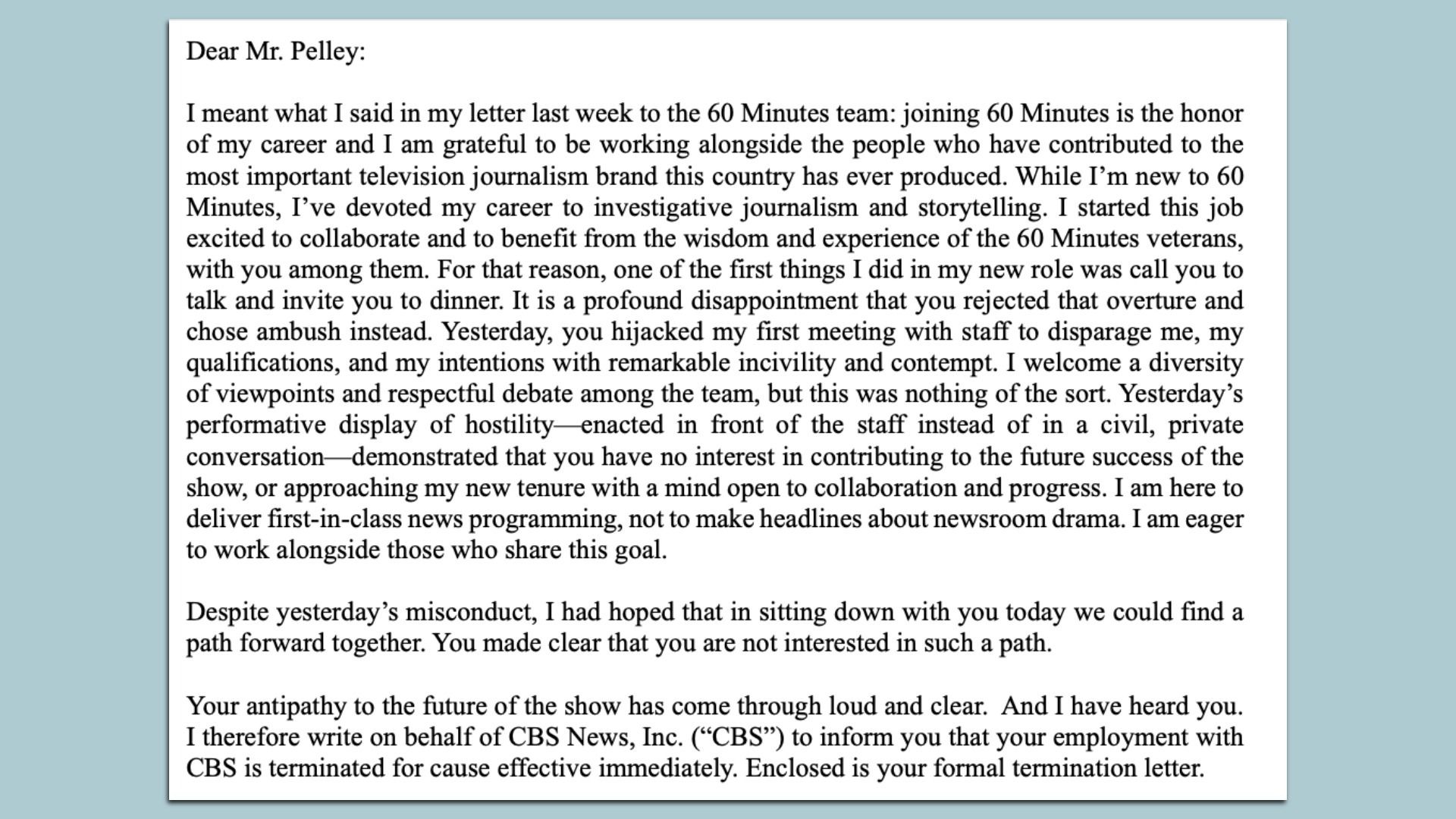 Letter yesterday to Scott Pelley from Nick Bilton, new "60 Minutes" executive producer.