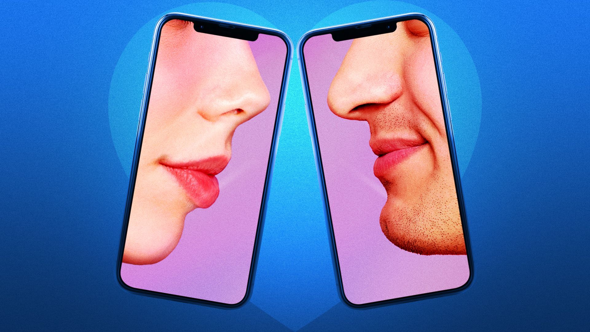 Illustration of two cellphones featuring smiling people facing each other 