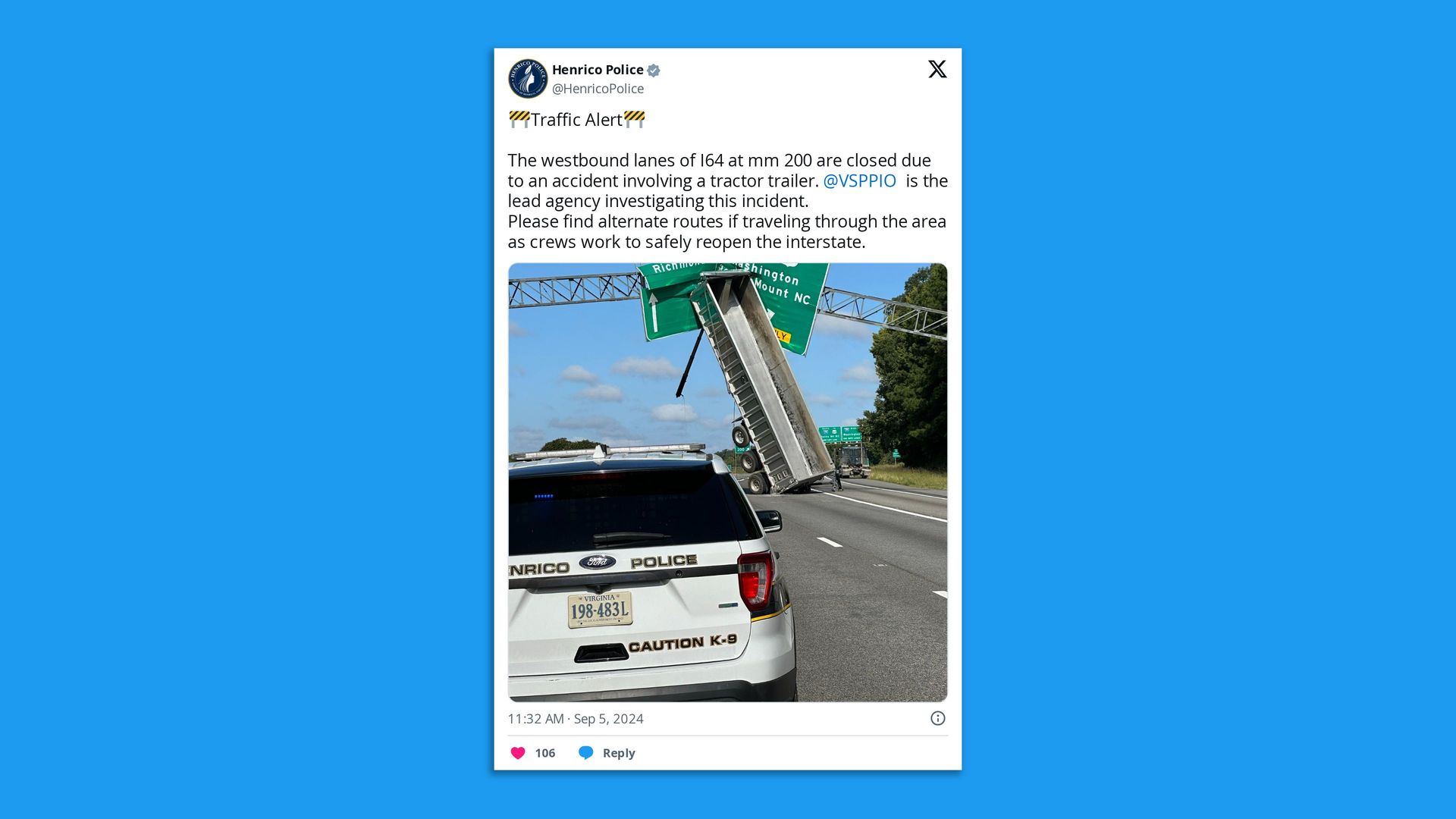 Screenshot of a tweet from Henrico County police showing a tractor trailer vertical in the air. 