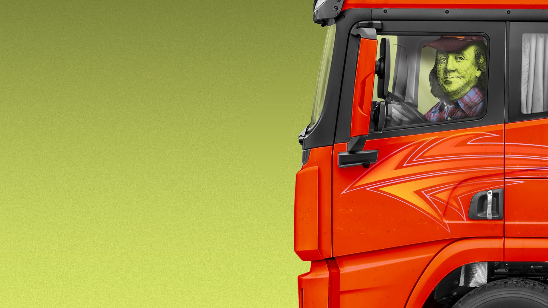Illustration of Ben Franklin from a hundred dollar bill diving a semi truck