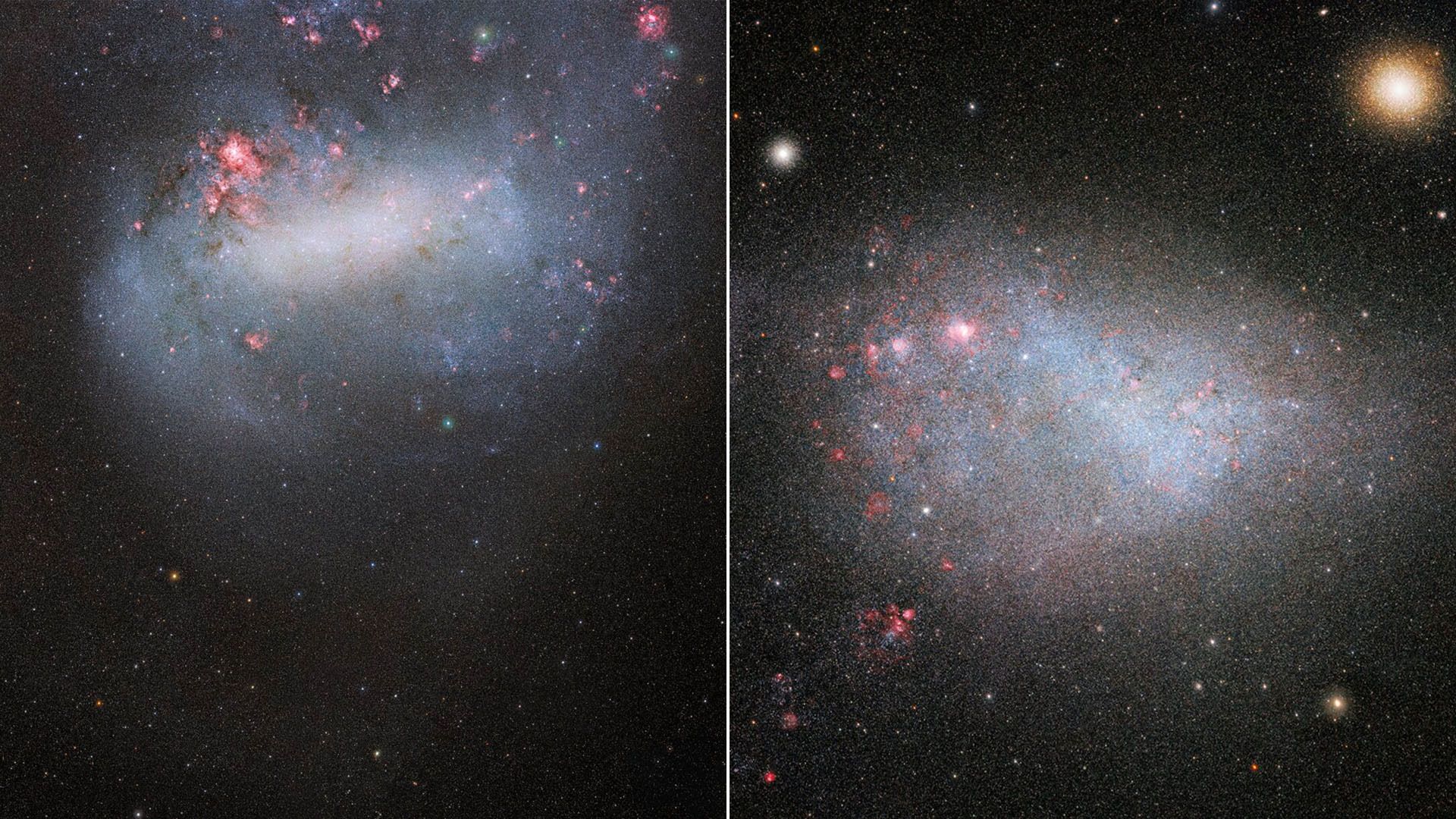 The Large and Small Magellanic clouds shining in blue and red
