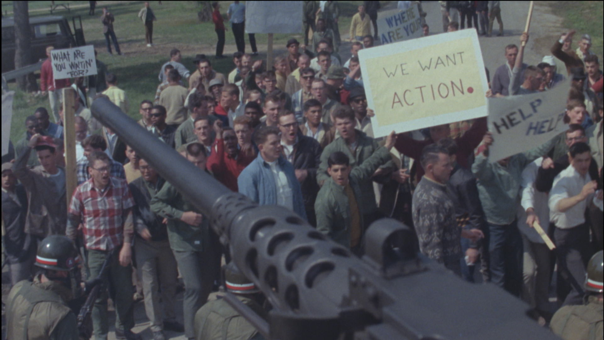 A scene from RIOTSVILLE, USA, a film about a fictional town built by the U.S. military to train police on riot control.