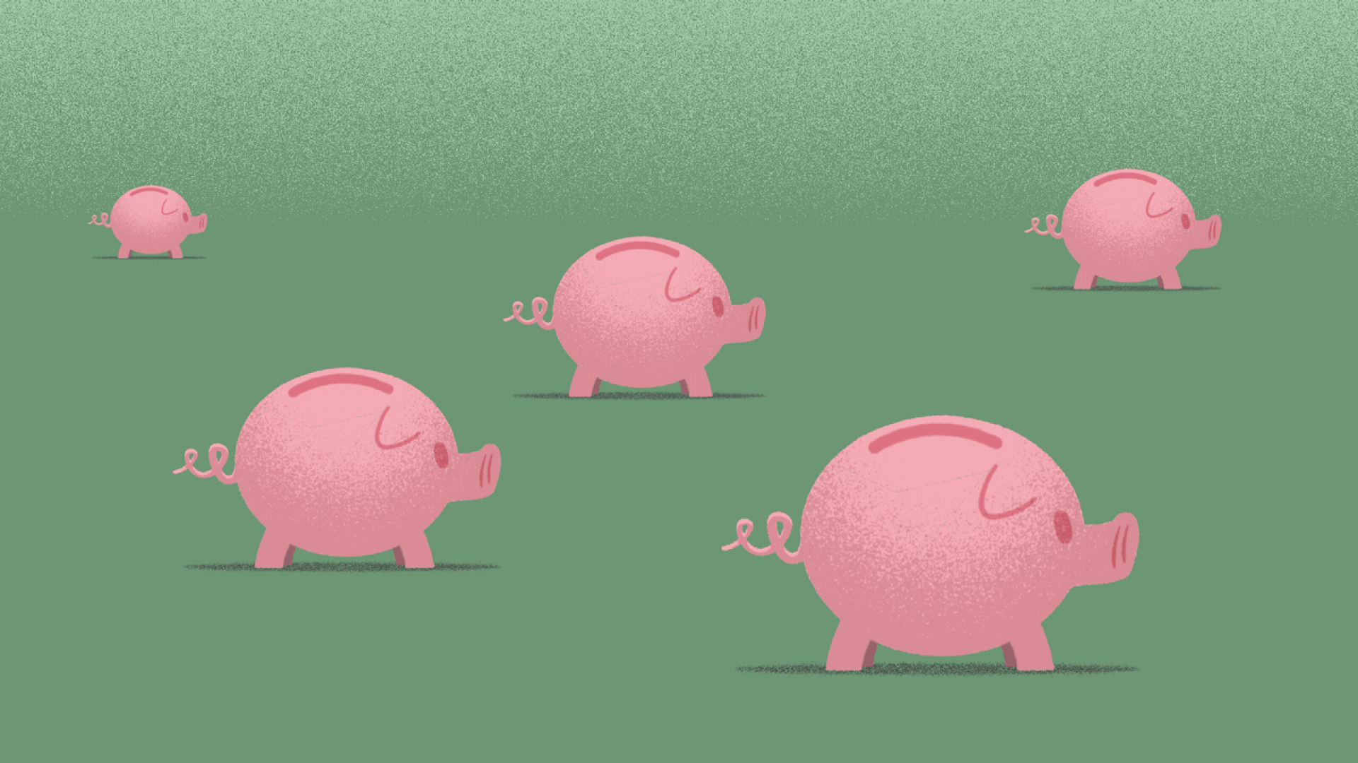 Illustration of a series of small piggy banks, exploding one after another, leaving smoldering craters behind.
