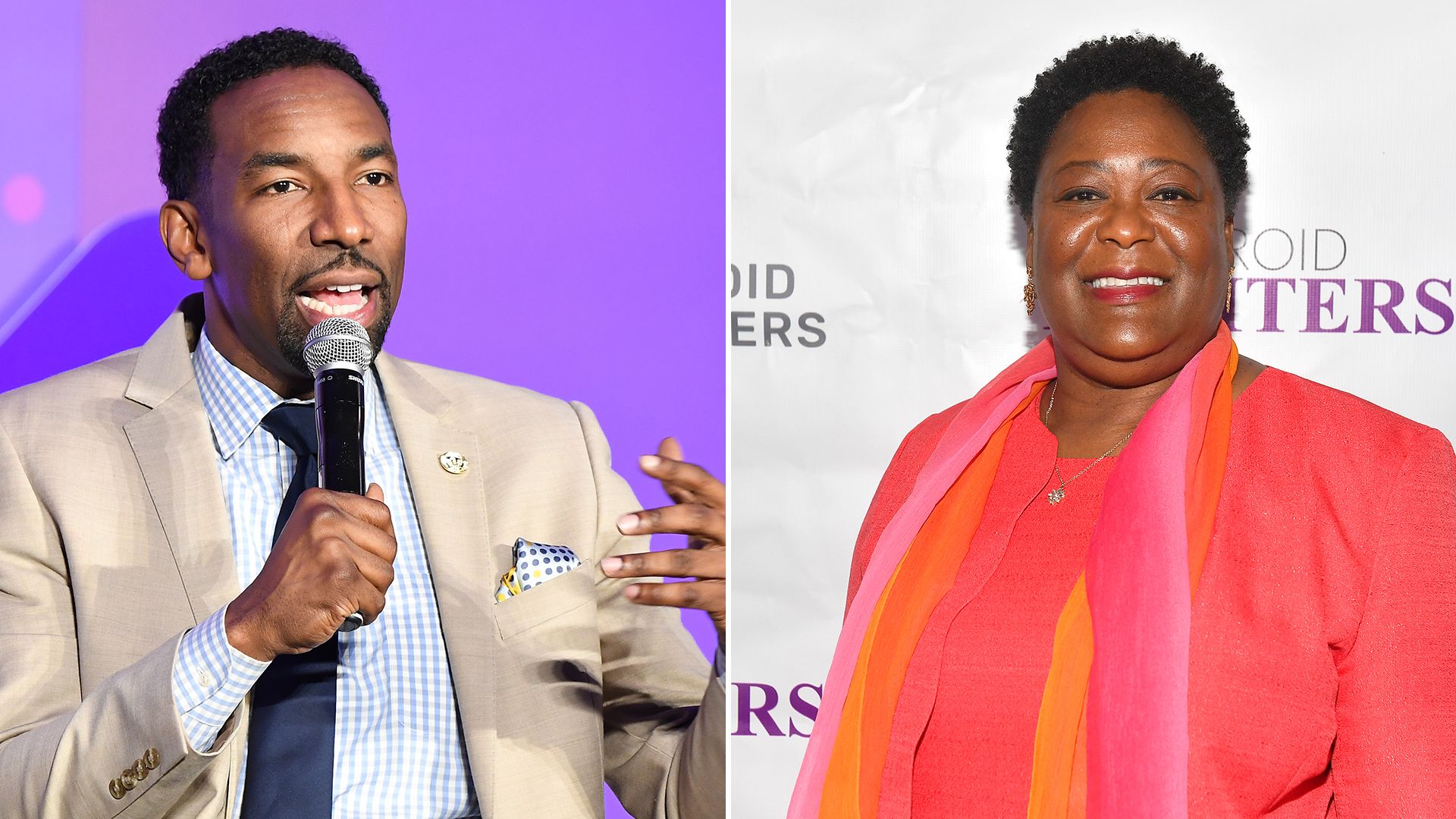 A side-by-side image of Andre Dickens speaking into a microphone and Felicia Moore smiling