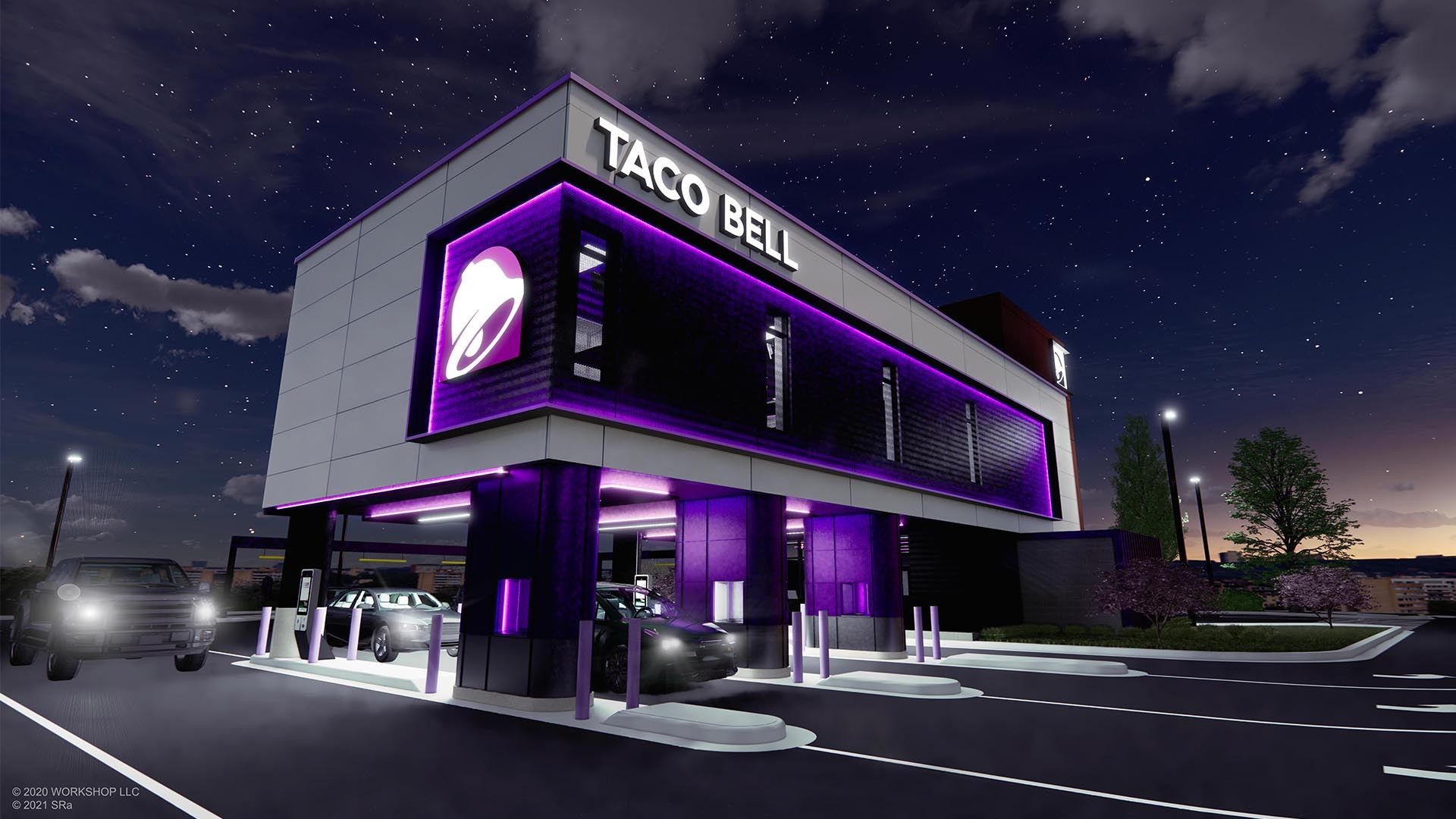 Image of a new Taco Bell restaurant design, with 4 drive-thru lanes under the kitchen. 