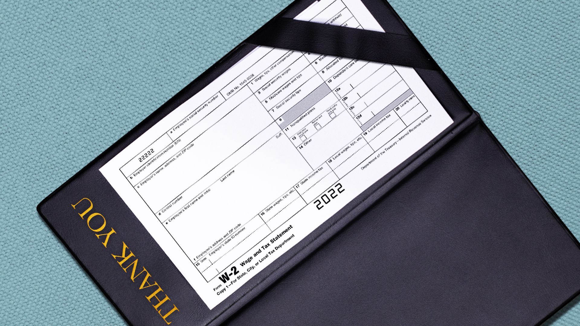 Illustration of a W2 instead of a bill at a restaurant. 