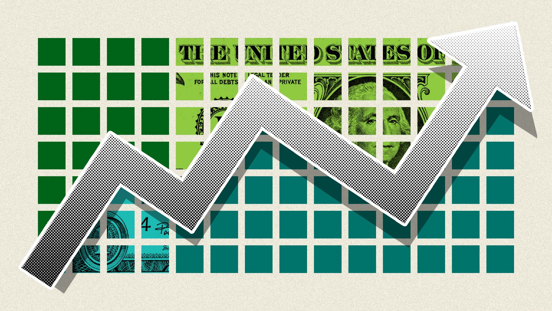 Illustration of a dollar bill in a grid pattern with an arrow climbing upward.
