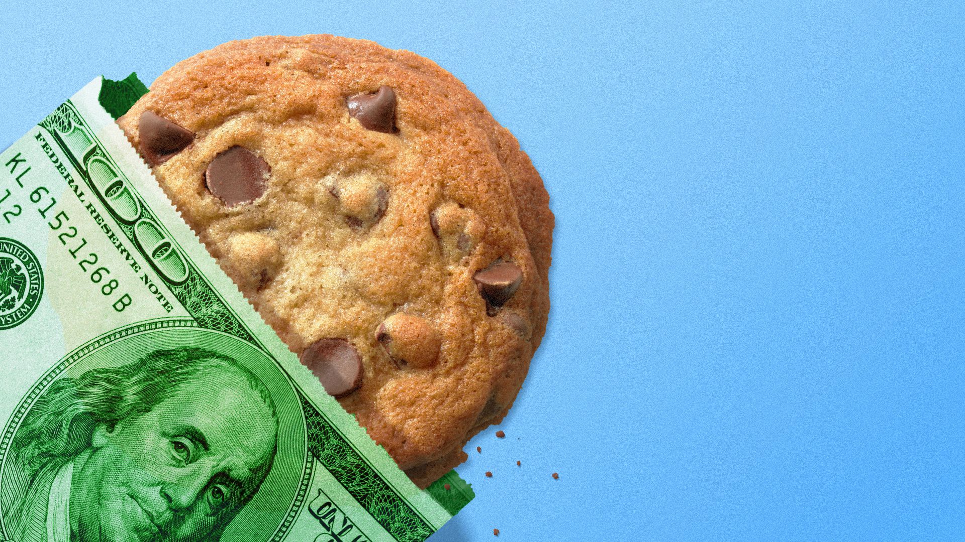 Illustration of a cookie in a paper wrapper made from a $100 bill.