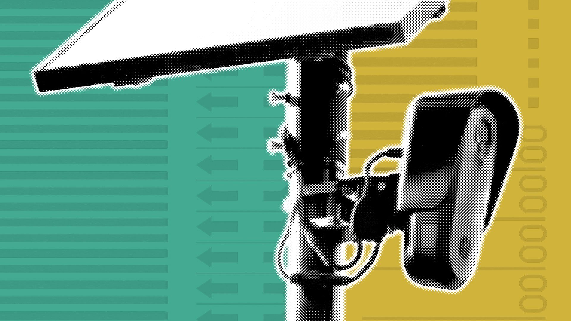 Photo illustration of a Flock camera over a divide green and gold background featuring elements of ballots.