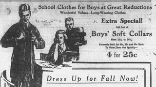 An illustration of a teenage girl killing a boy in a 1922 advertisement for back-to-school clothes.