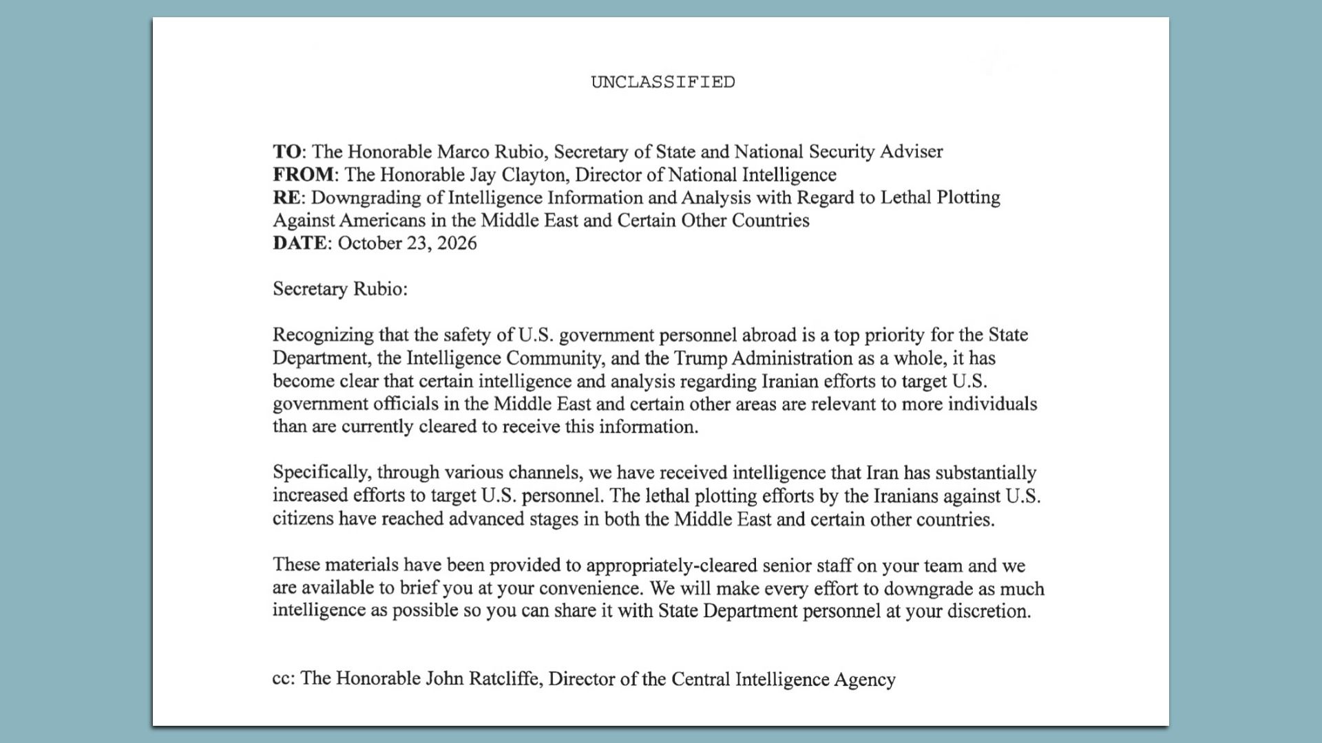 Unclassified memo