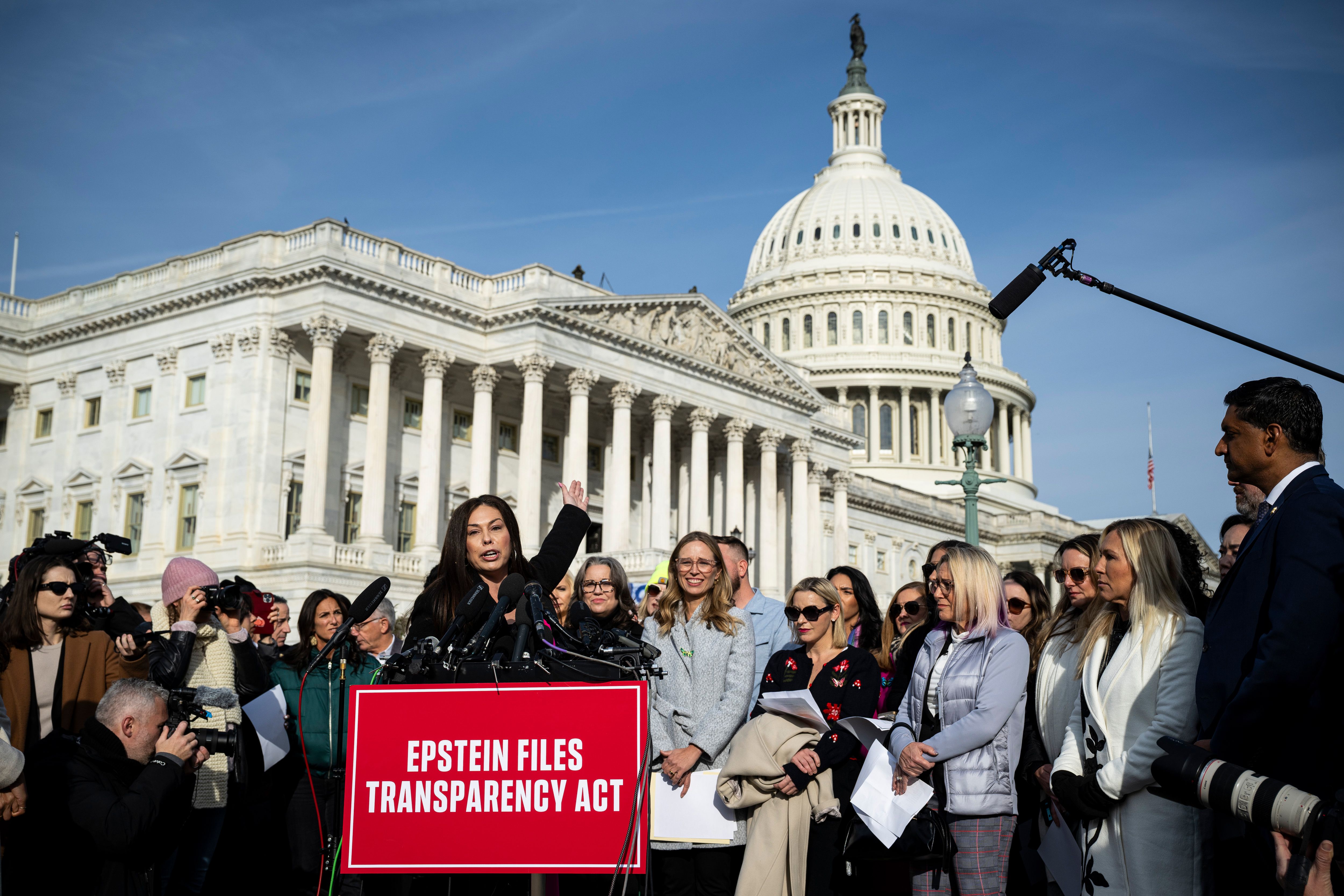 Jeffrey Epstein victims speak on Capitol Hill yesterday before a House vote to release files related to the convicted sex offender.