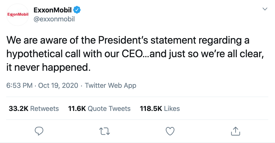 Screenshot of ExxonMobil's tweet about the president's statement
