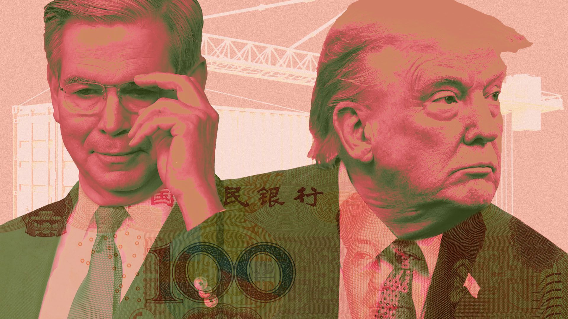 Photo illustration of treasury secretary Scott Bessent and President Donald Trump with an overlay of a Chinese yuan and a crane and shipping container 