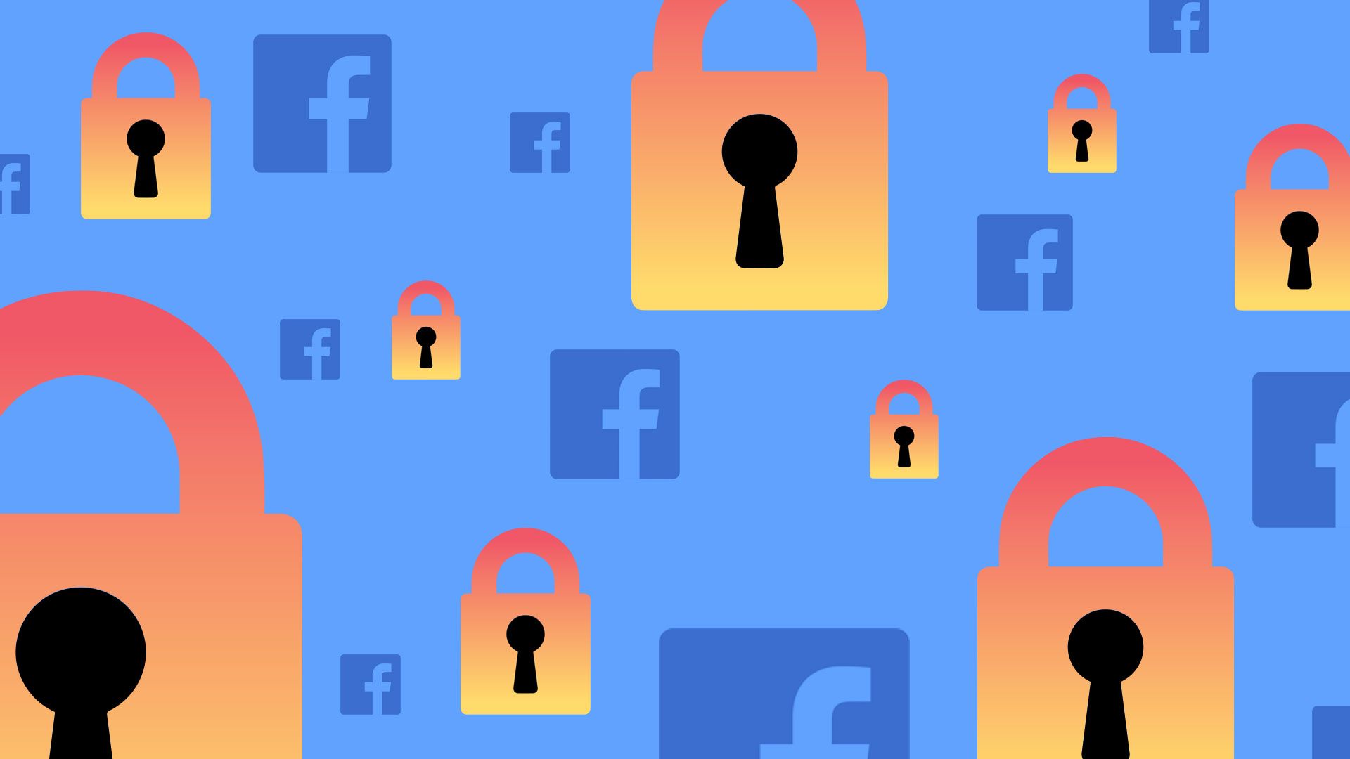 In this illustration, the Facebook logo floats on a light blue background alongside orange-red locks.
