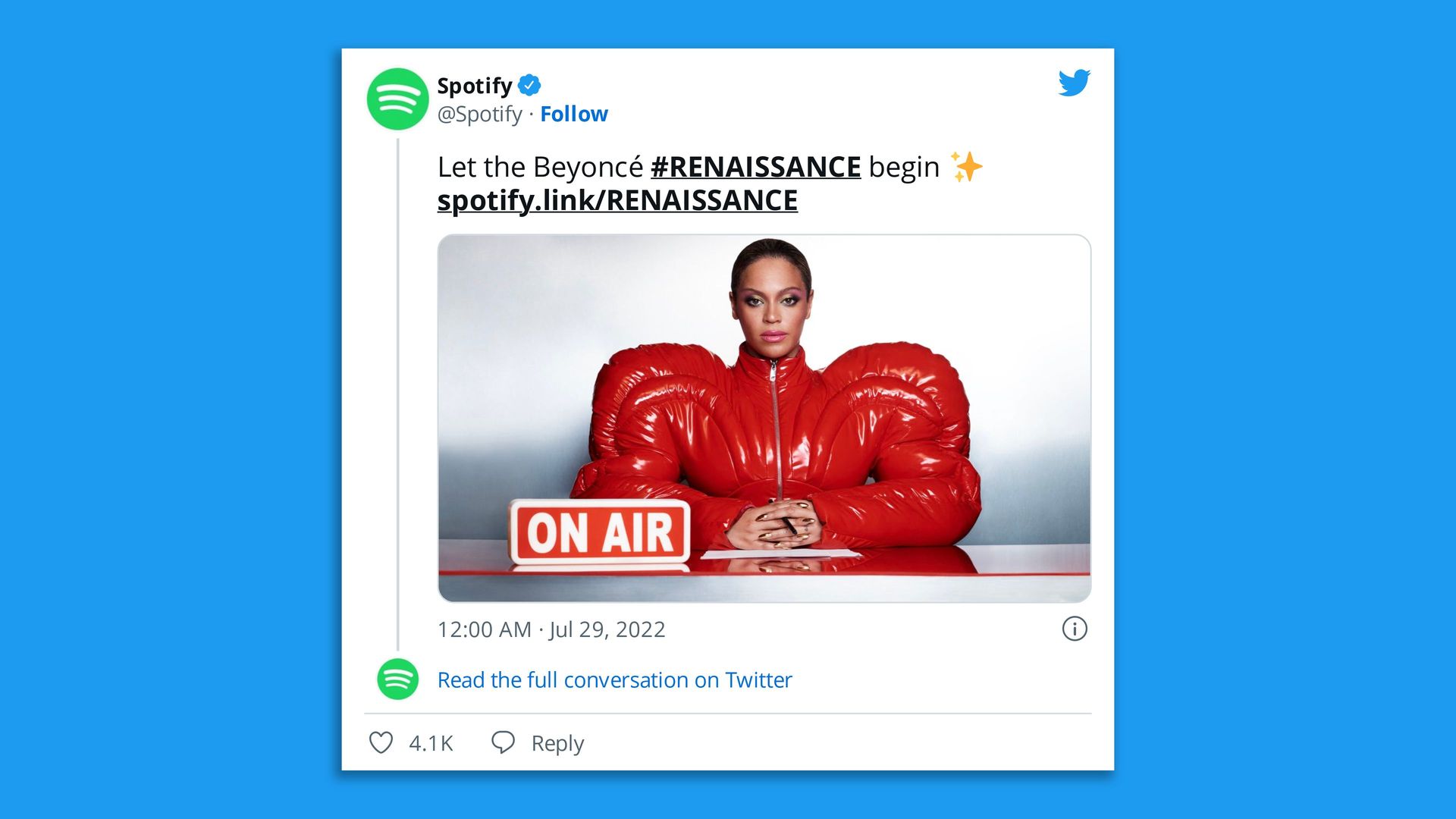 screenshot of a tweet from Spotify celebrating Beyonce's new album
