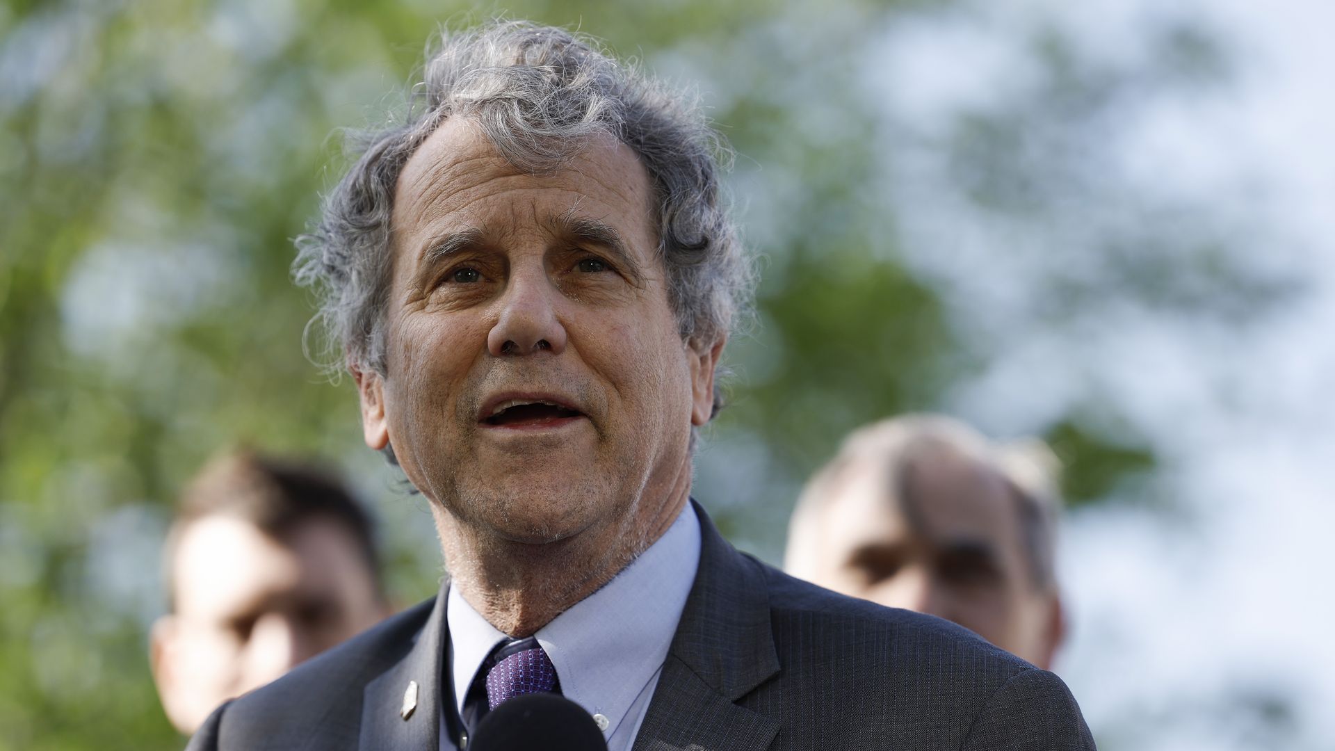 APRIL 18: Sen. Sherrod Brown (D-OH) speaks at a press conference on the introduction of the Senate ETHICS Act outside of the U.S. Capitol Building on April 18, 2023 in Washington, DC.