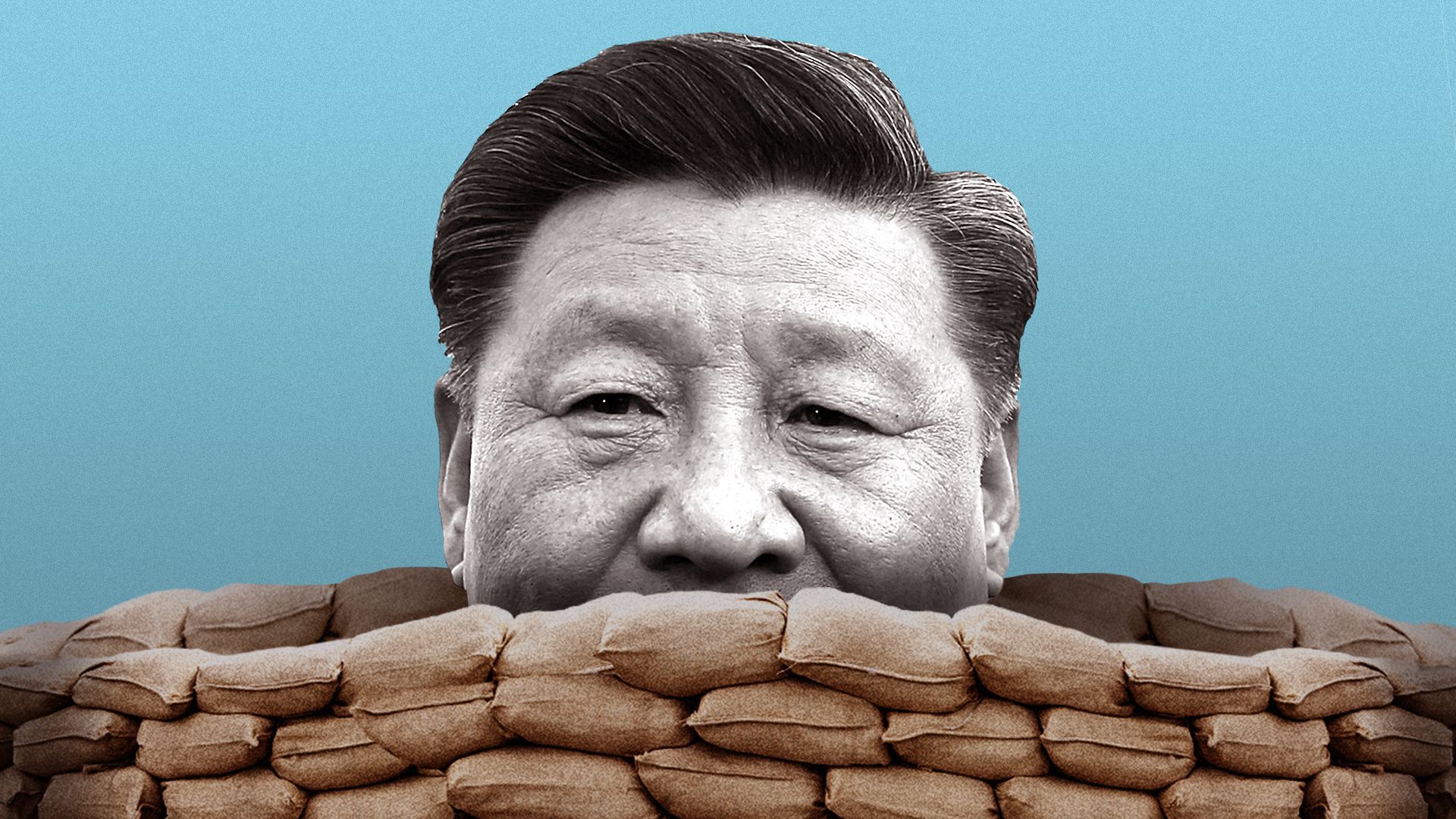 Photo illustration of Xi Jinping behind a wall of sandbags.