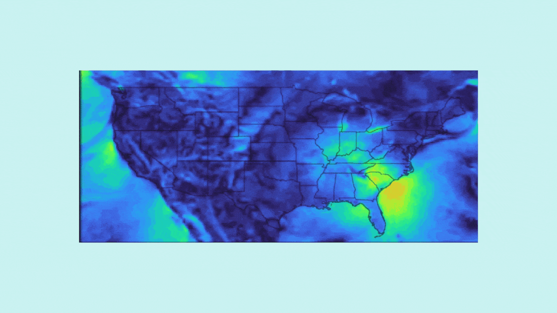 Map of the United States showing weather conditions before and after a new AI-based weather model from Nvidia works on the data. 