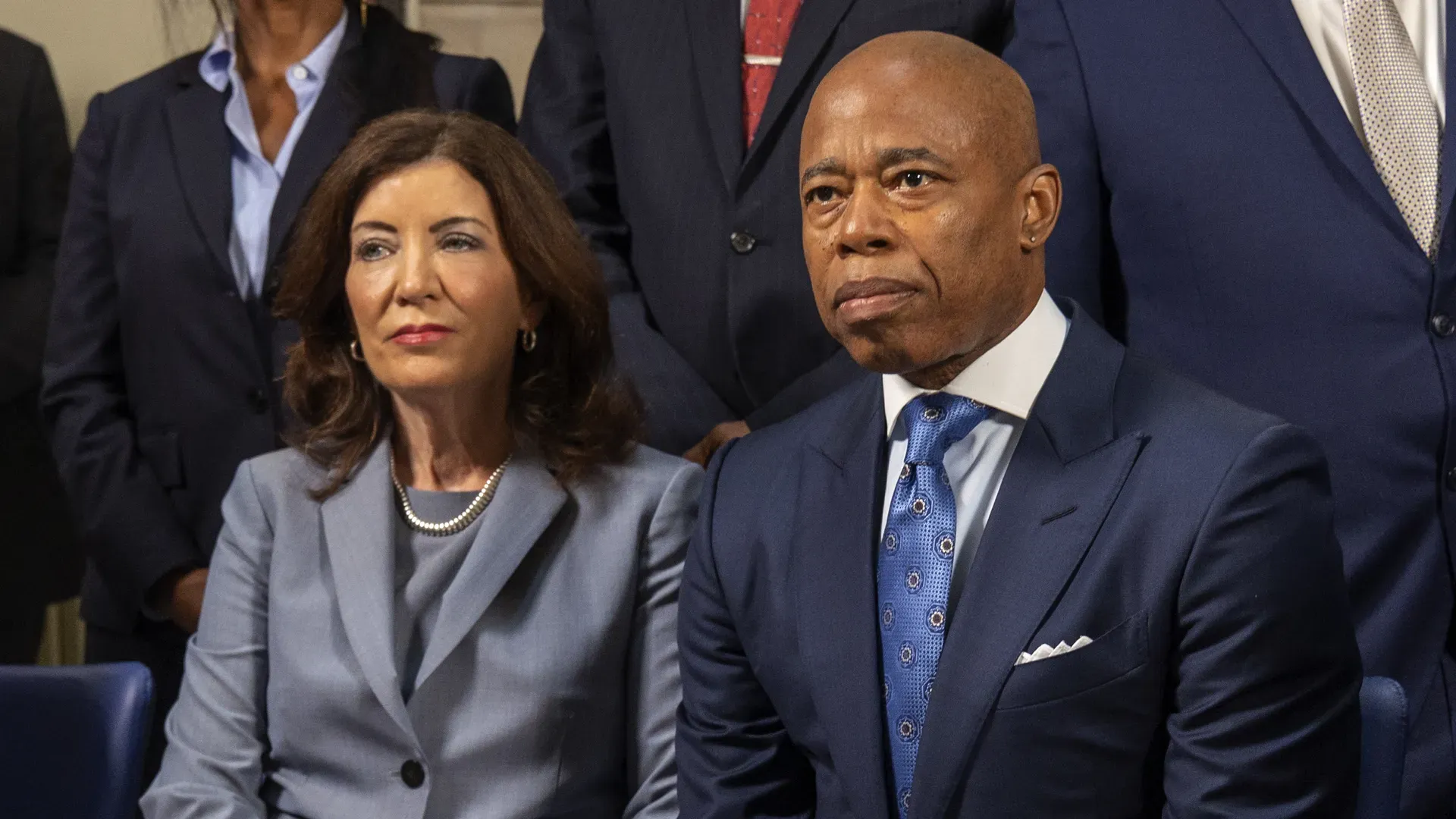 New York Gov. Kathy Hochul and New York City Mayor Eric Adams seated during a 2023 press conference in NYC. Photo: Photo by Luiz C. Ribeiro for NY Daily News via Getty Images