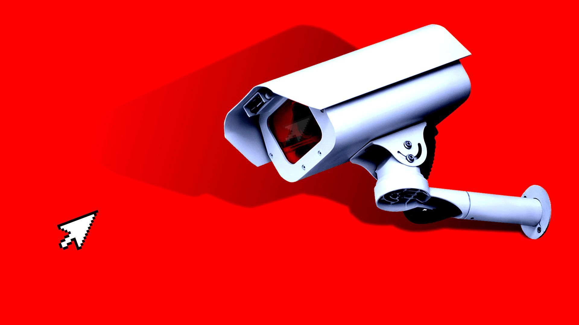 A security camera points at a computer cursor against a red backdrop