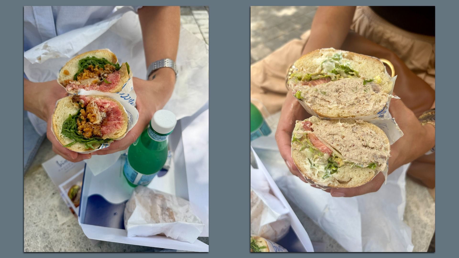 Two photos of hands holding wrapped sandwiches. Left: half sandwich with greens and crispy filling; pink meat shows in center, bottle nearby. Right: another sandwich with lettuce and creamy filling.