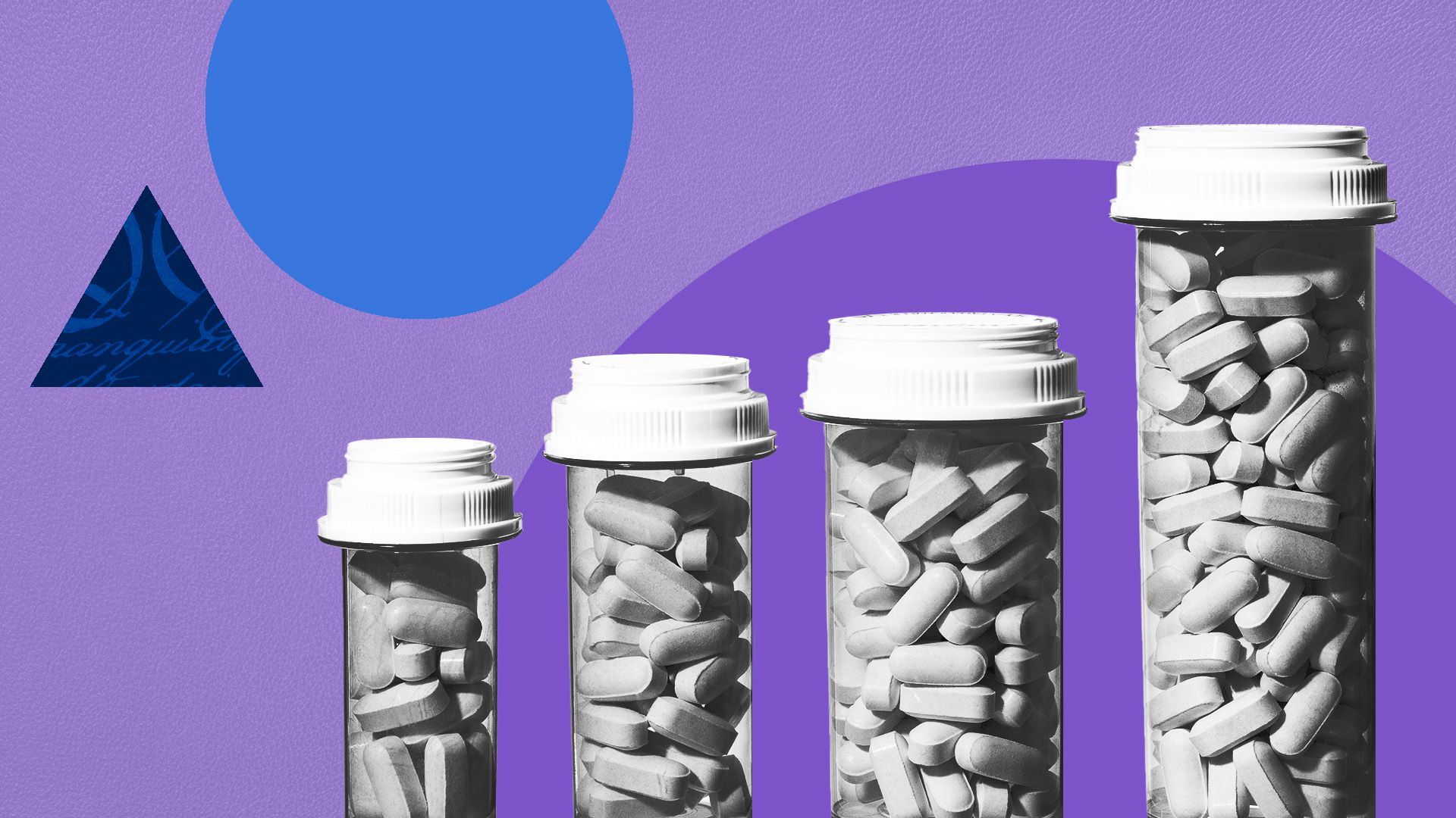 an illustration of prescription, pill bottles surrounded by circles triangles and legal text 