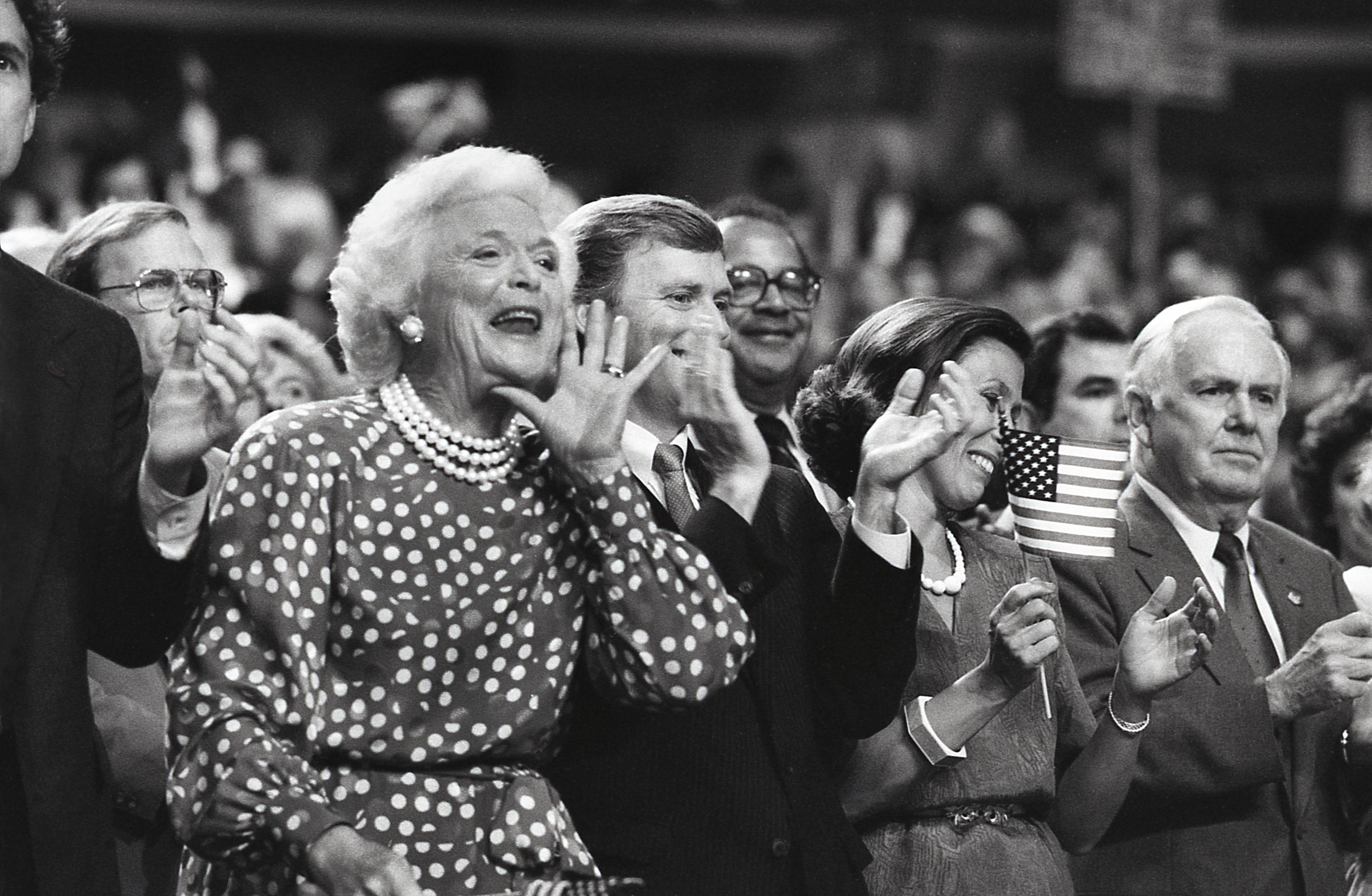 Photo shows Barbara Bush cheering on her husband at the Republican National Convention