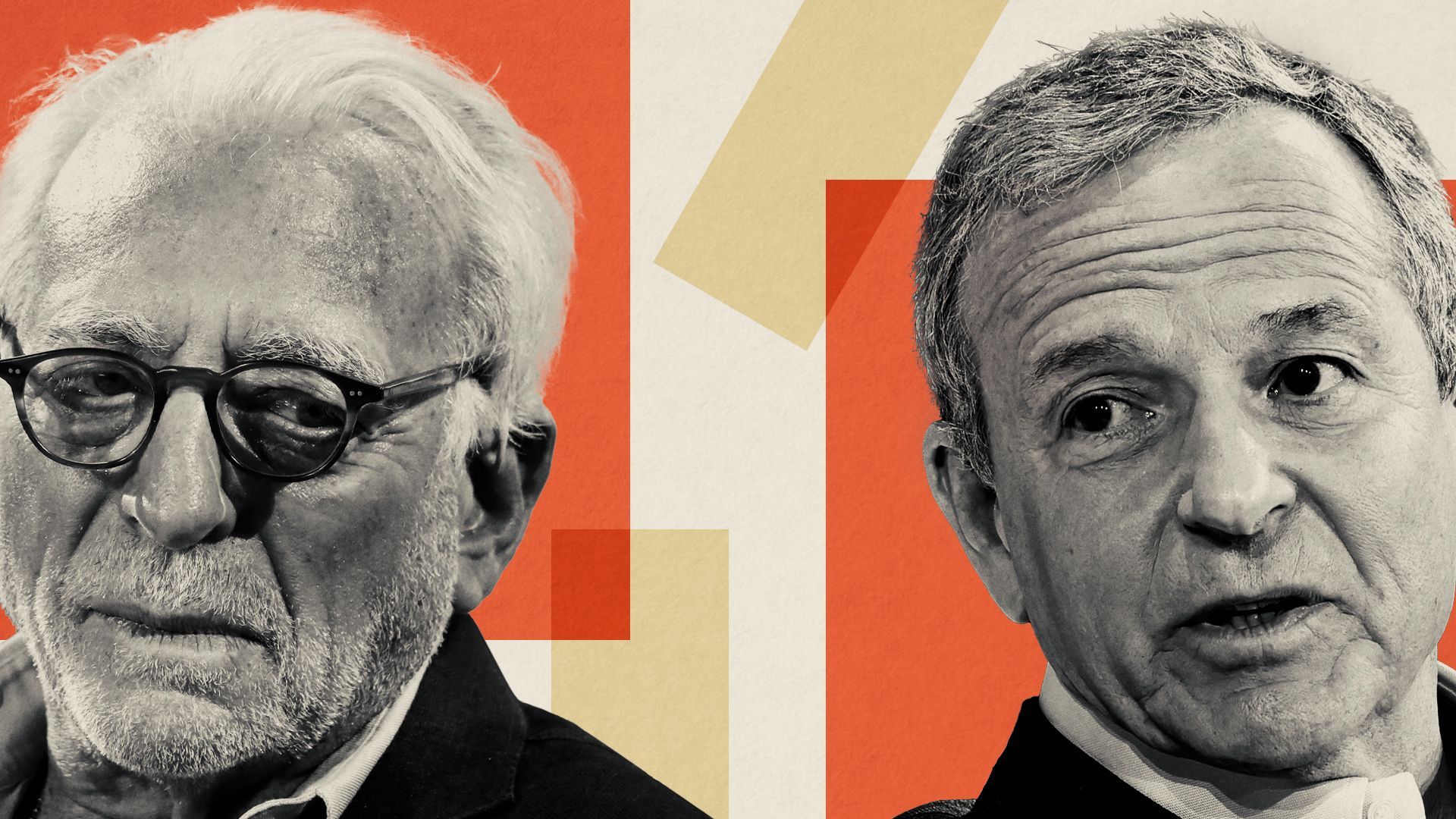 Photo illustration of Nelson Peltz and Bob Iger and abstract shapes.