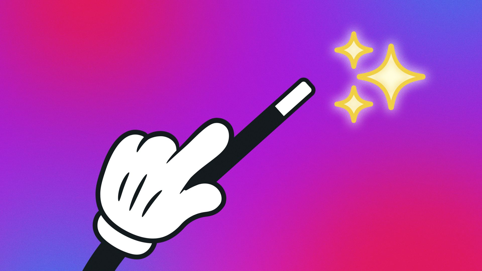 Illustration of a a Mickey Mouse-like hand holding a wand with AI sparkles.