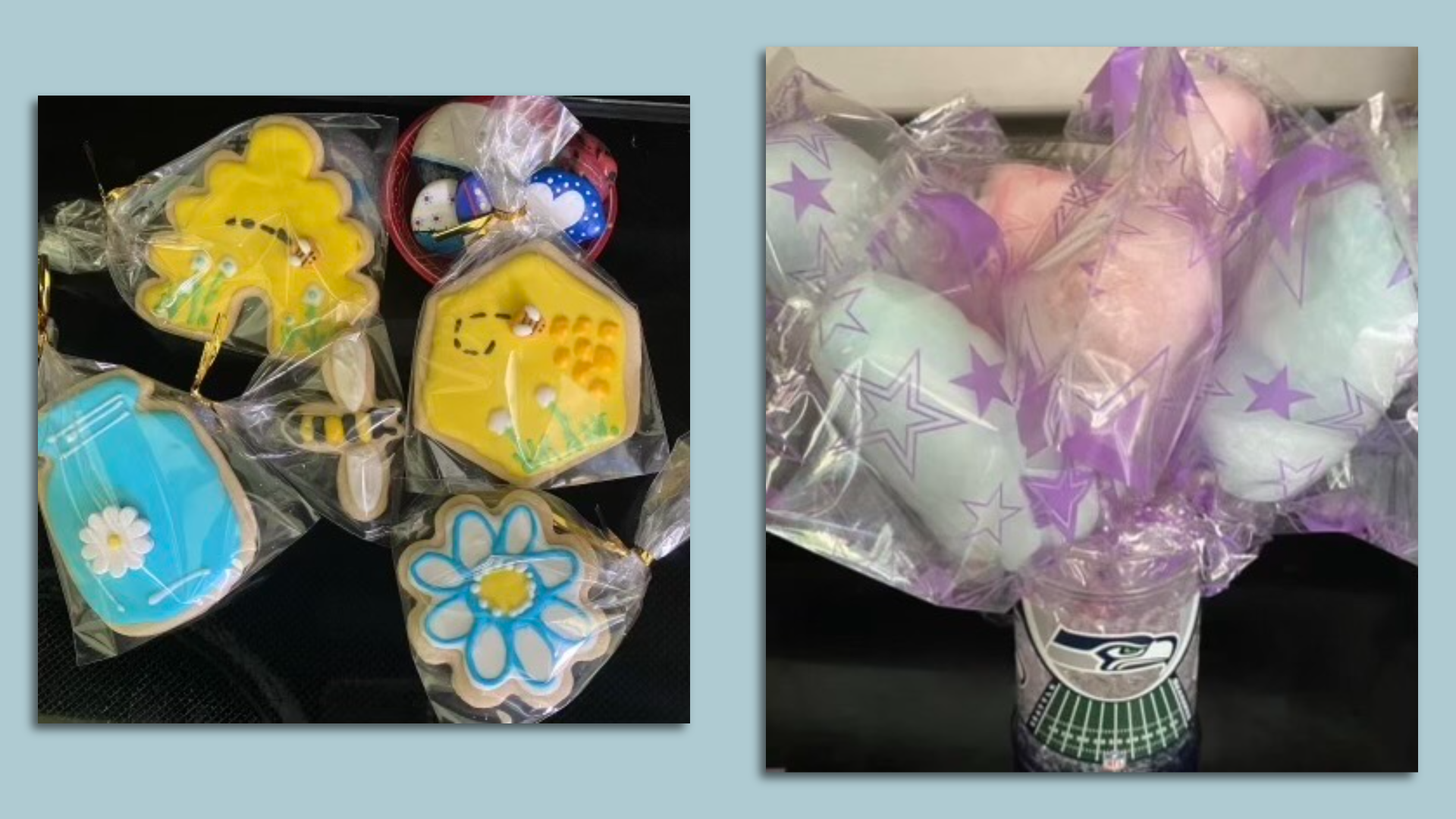 Cannabis products in the form of cookies, like bees and flowers, and cotton candy.