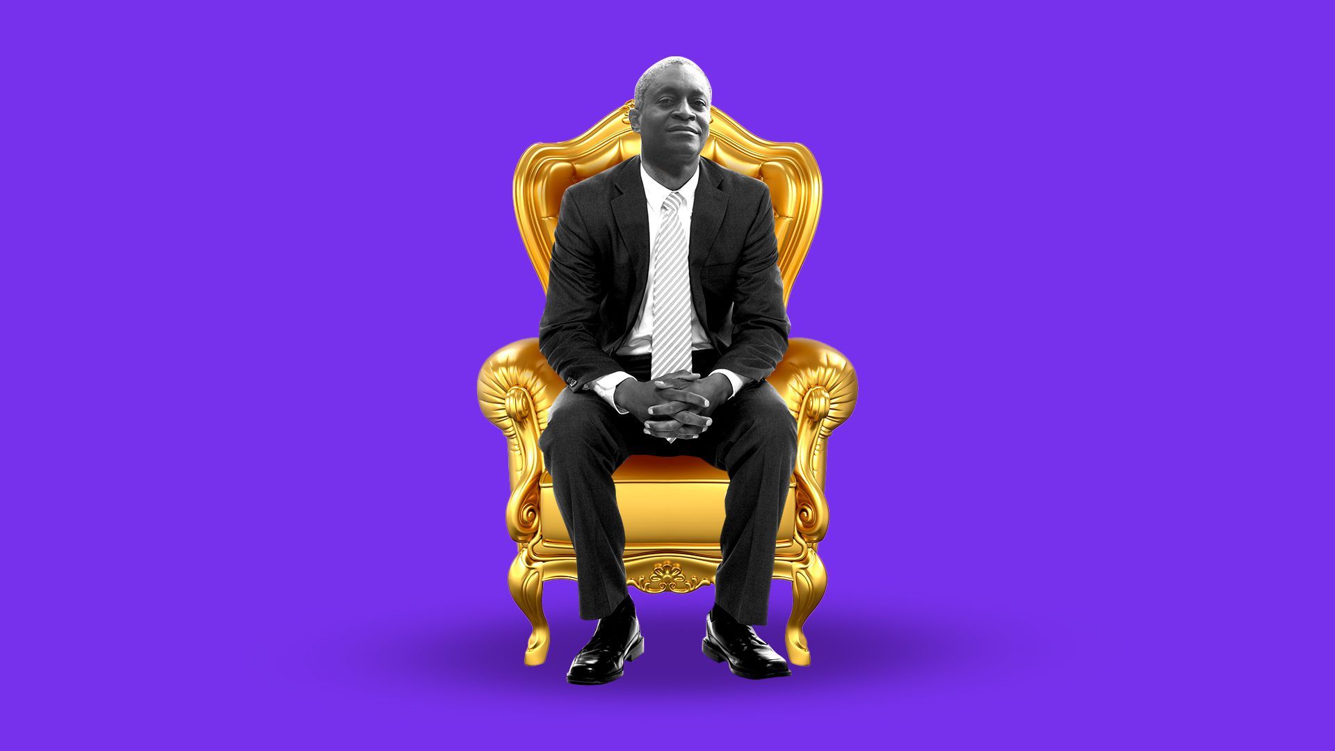 Photo illustration of Raphael Bostic in a golden chair. 