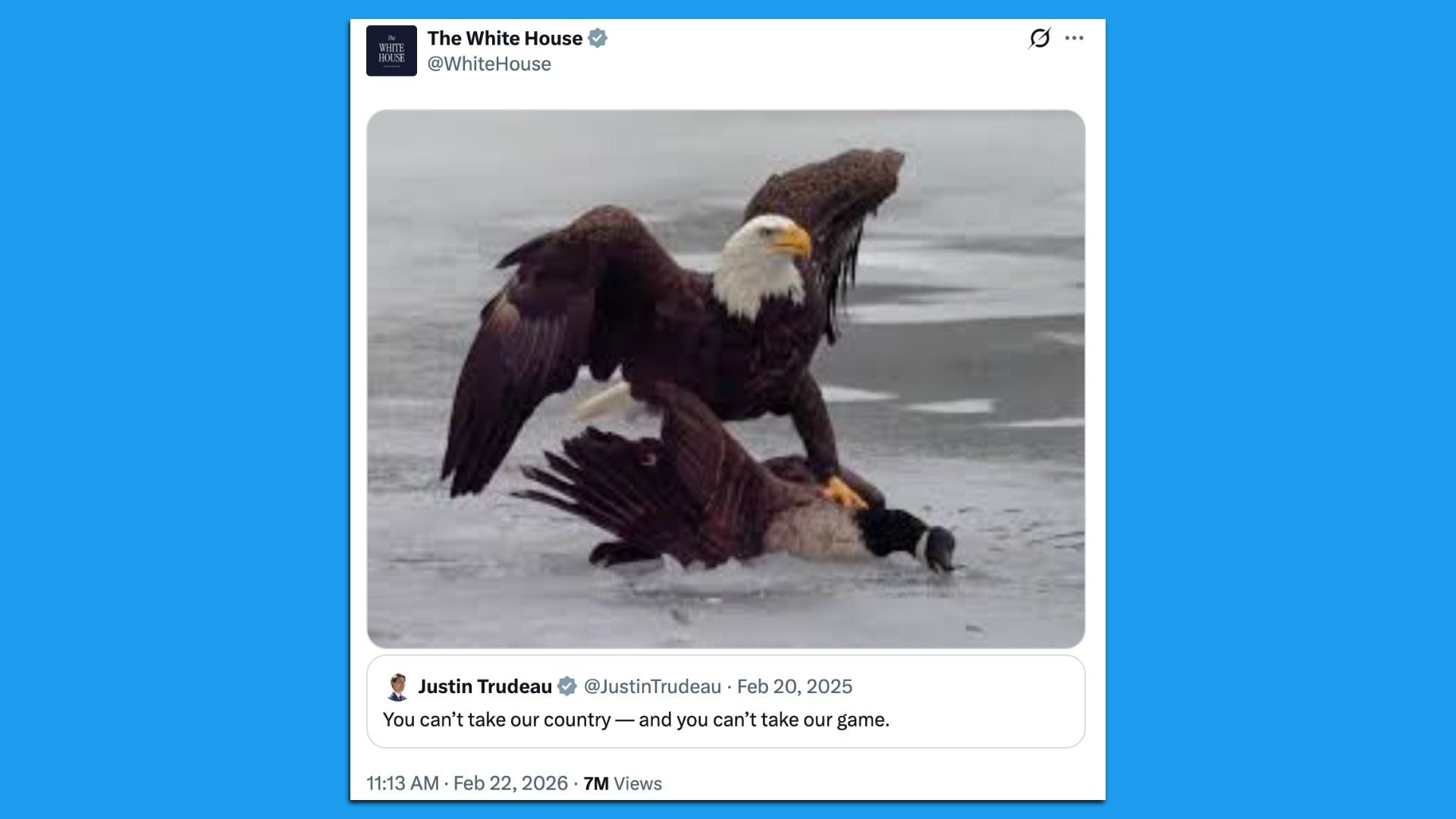 A bald eagle claws a Canada goose on a frozen lake, conveying a message of national pride in a tweet saying, "You can't take our country — and you can't take our game."