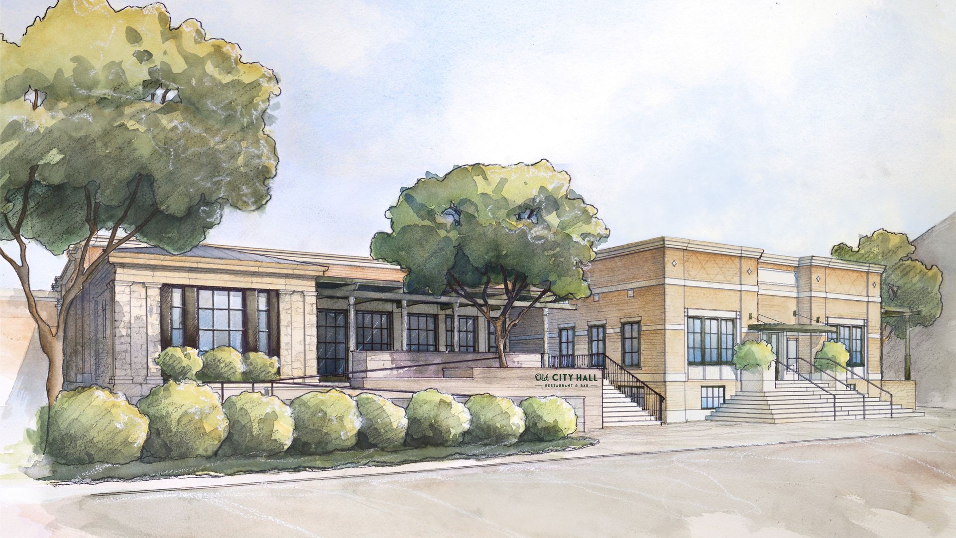 A watercolor rendering of a one-story brick building surrounded by trees. 